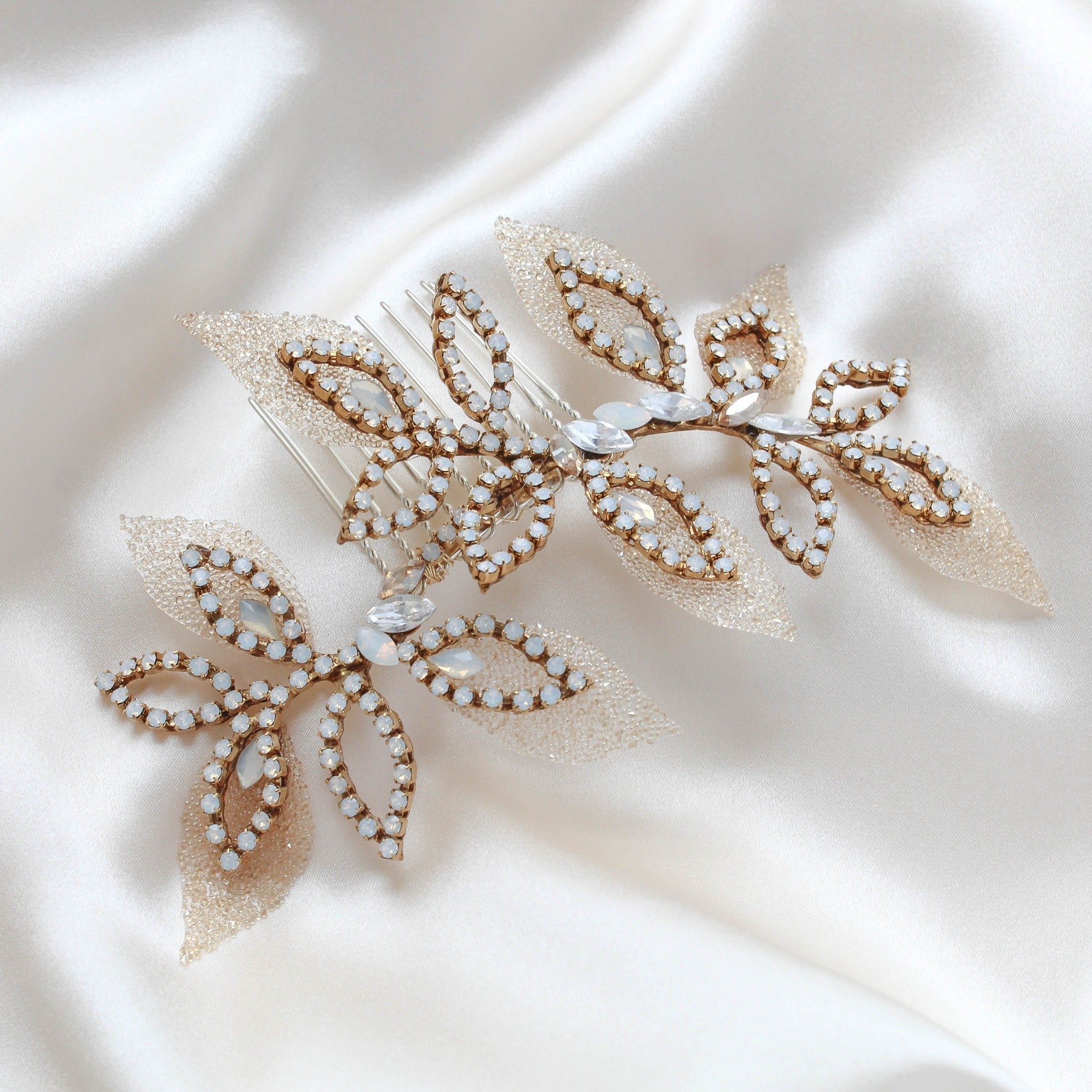 crystal leaf hair comb on bride