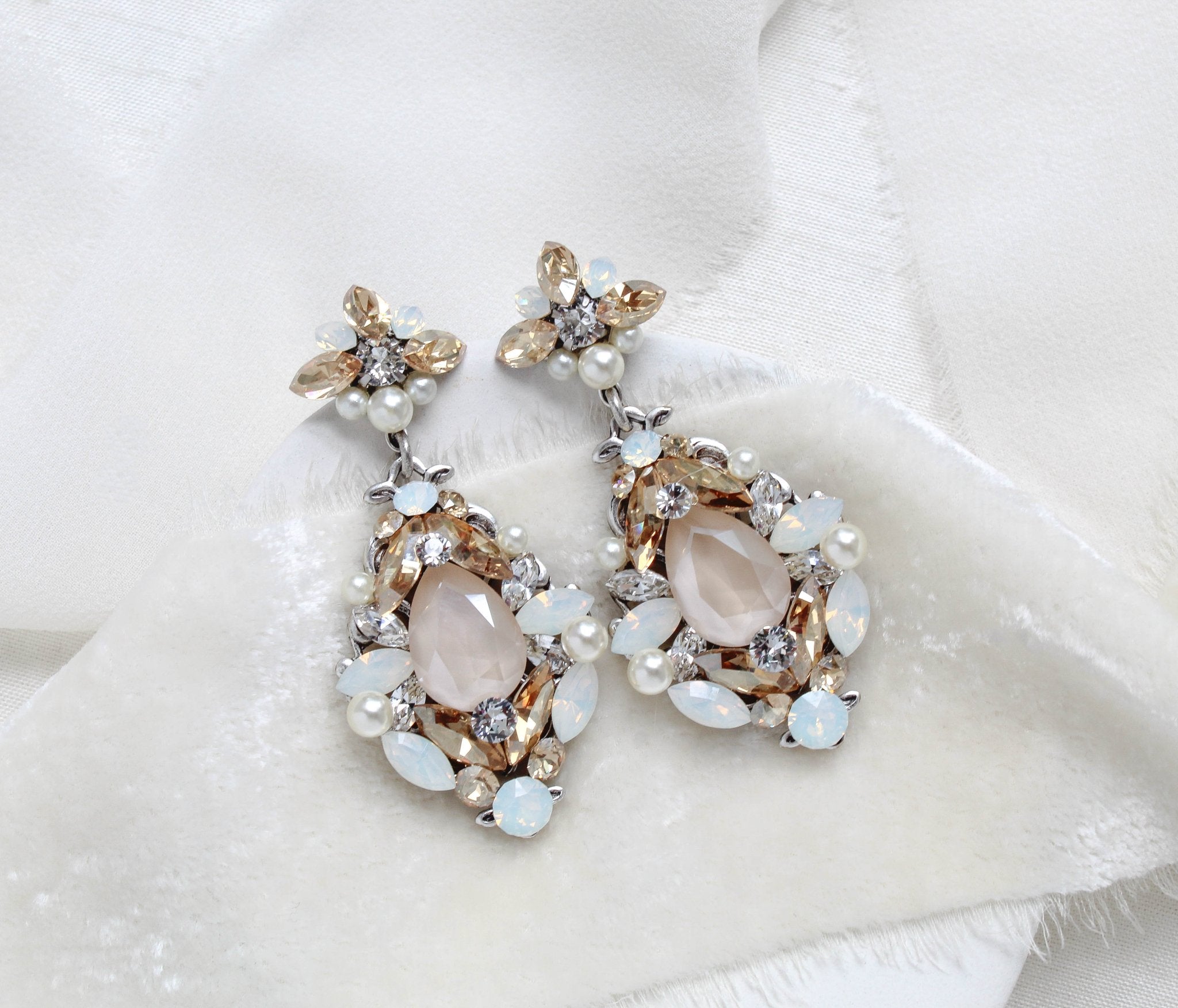 Antique gold Bridal earrings with Premium crystals and pearls - BLAKELY - Treasures by Agnes
