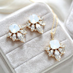 Gold crystal stud earrings and necklace set with white opal Swarovski crystal center stone - Treasures by Agnes