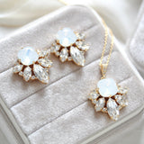 Gold crystal stud earrings and necklace set with white opal Swarovski crystal center stone - Treasures by Agnes