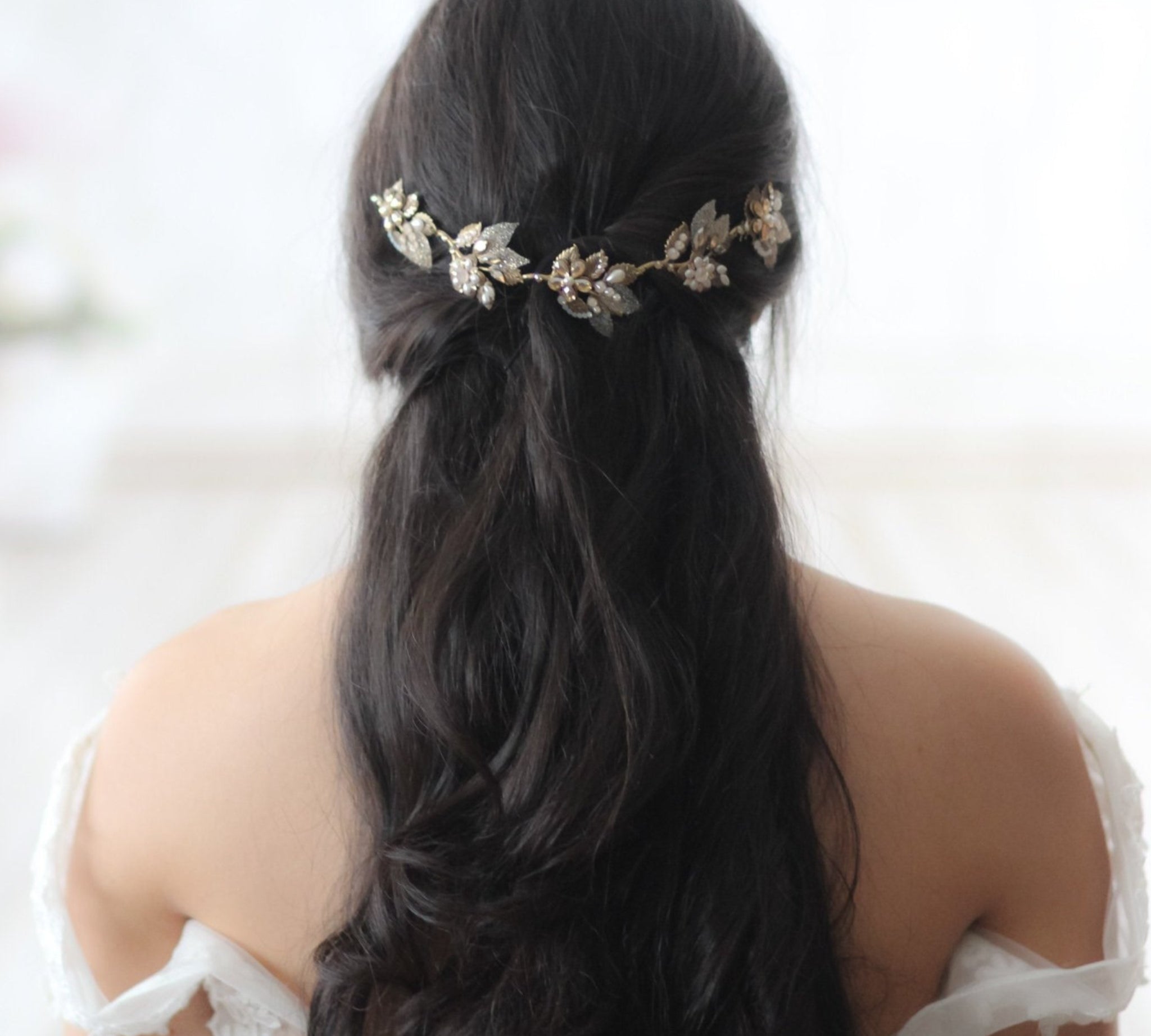 Antique gold leaf hair vine with Swarovski crystals and pearls - Treasures by Agnes