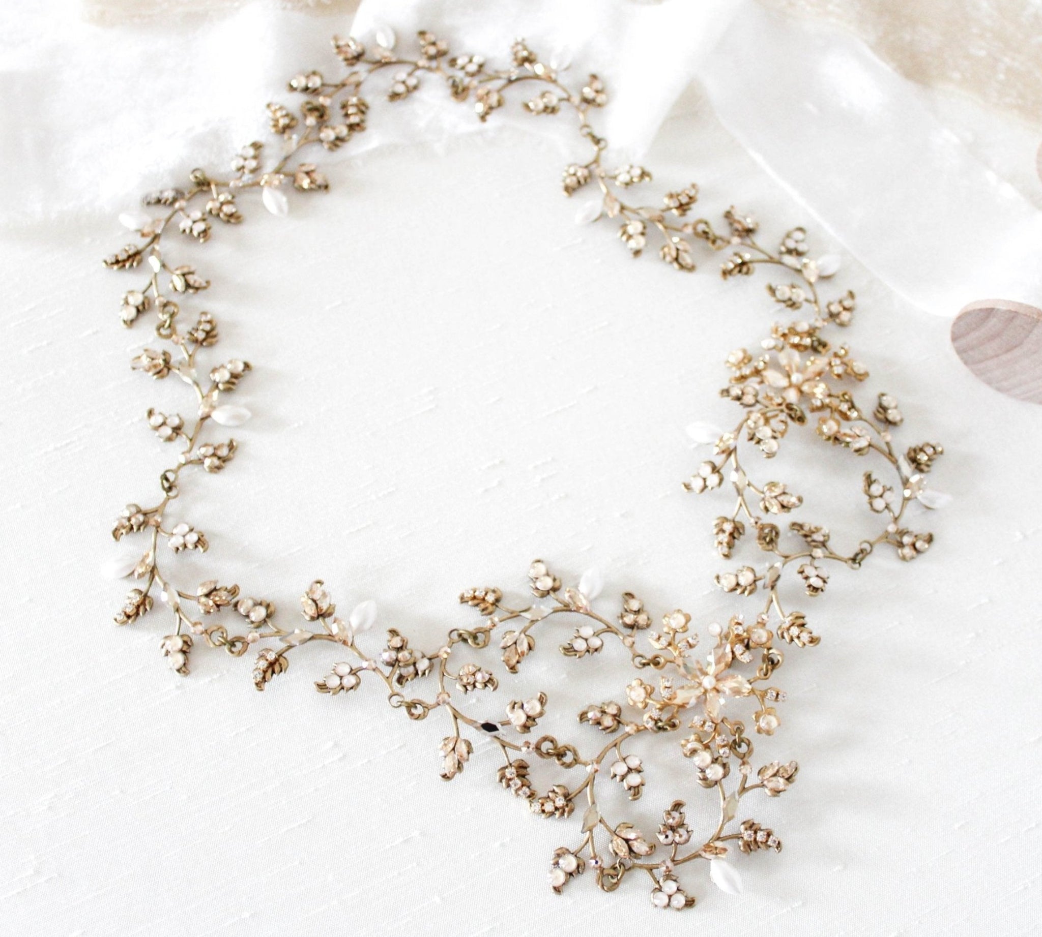 antique gold leaf hair piece for wedding with Swarovski crystals and pearls - Treasures by Agnes