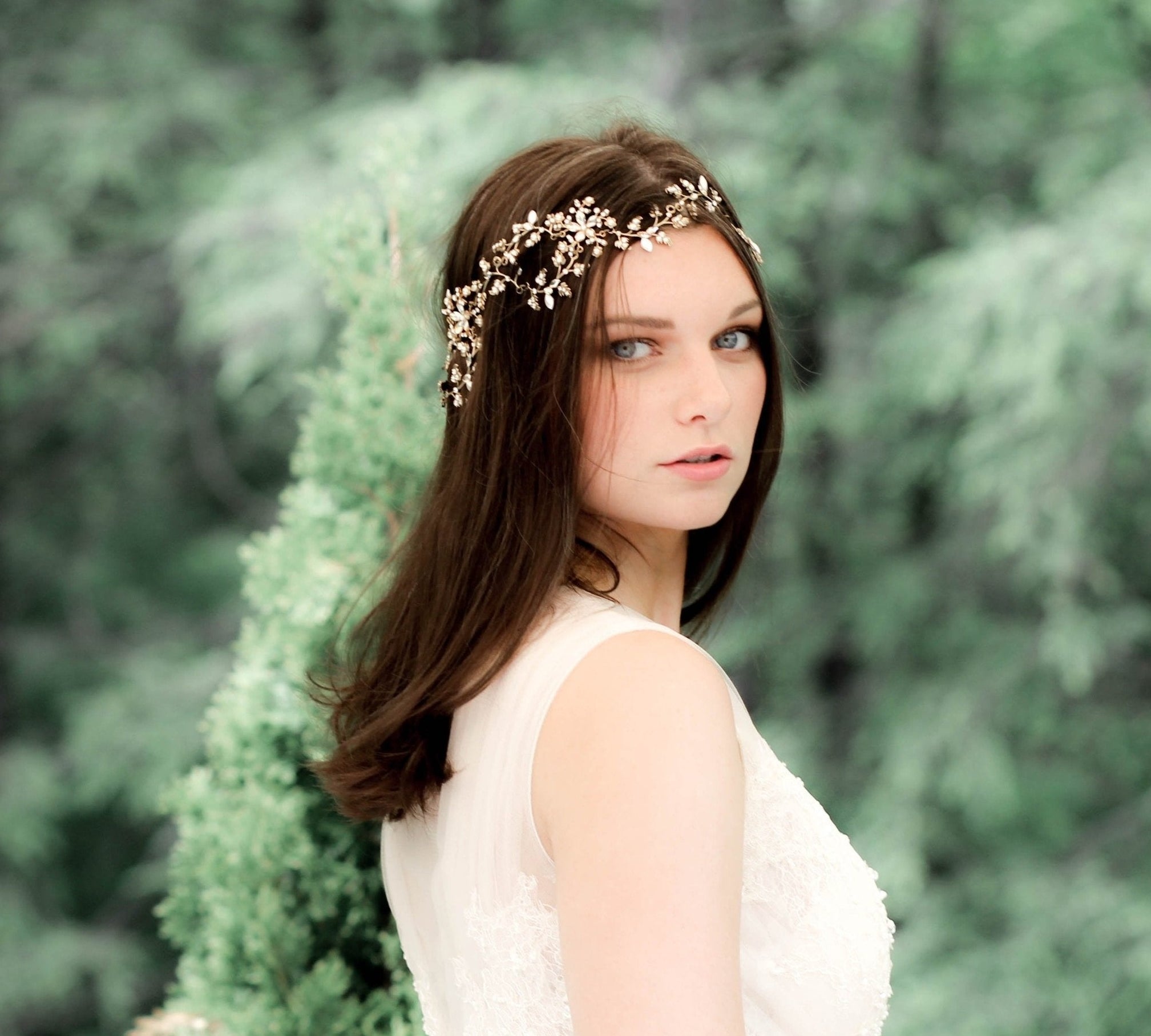 antique gold leaf hair piece for wedding with Swarovski crystals and pearls - Treasures by Agnes