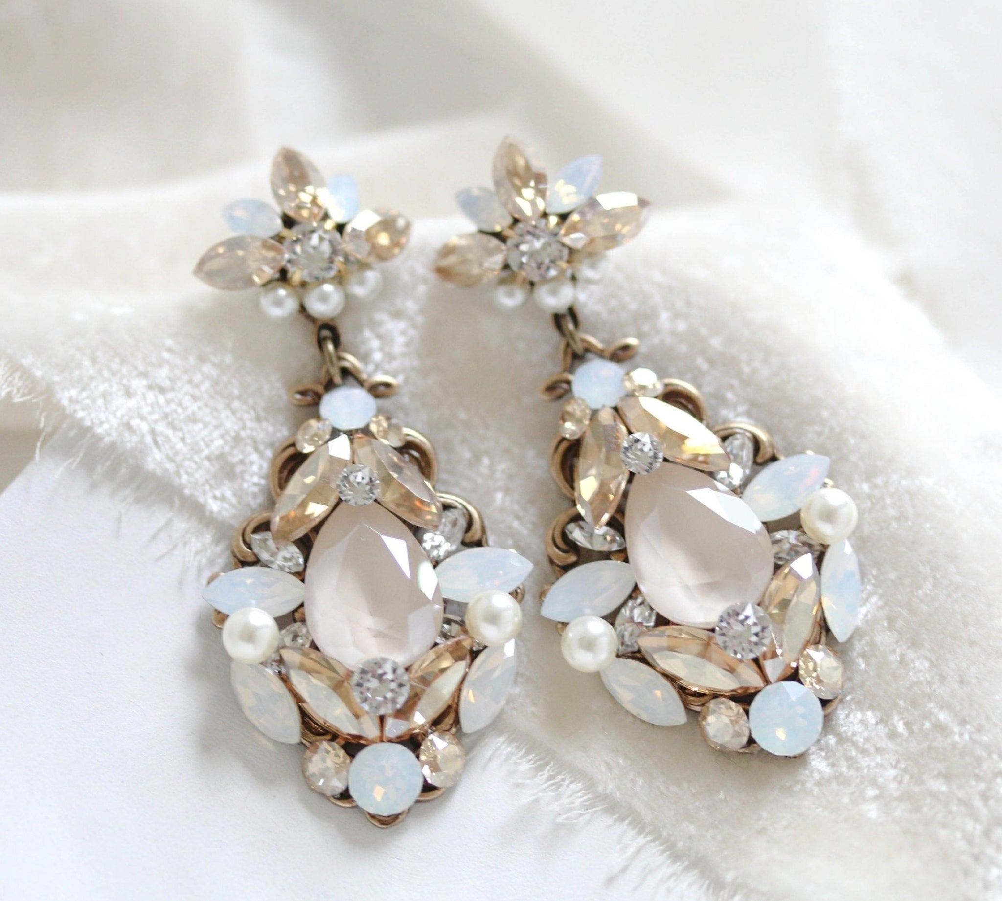 Antique gold Bridal earrings with Premium crystals and pearls - BLAKELY - Treasures by Agnes