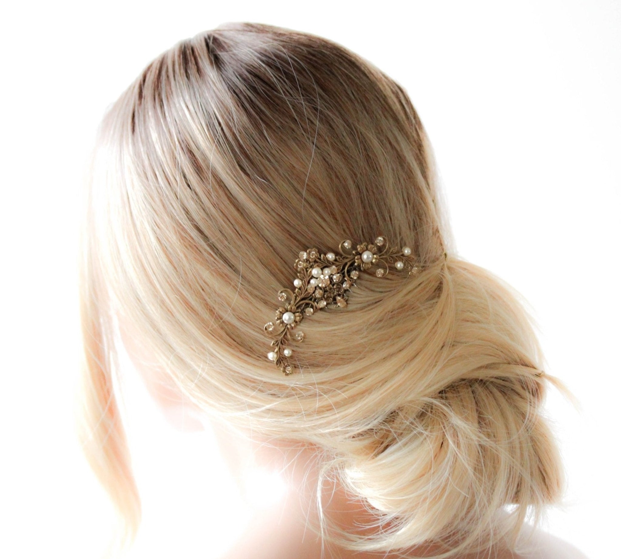 Antique gold Bridal hair comb with gold crystals and pearls - ASHLYN - Treasures by Agnes