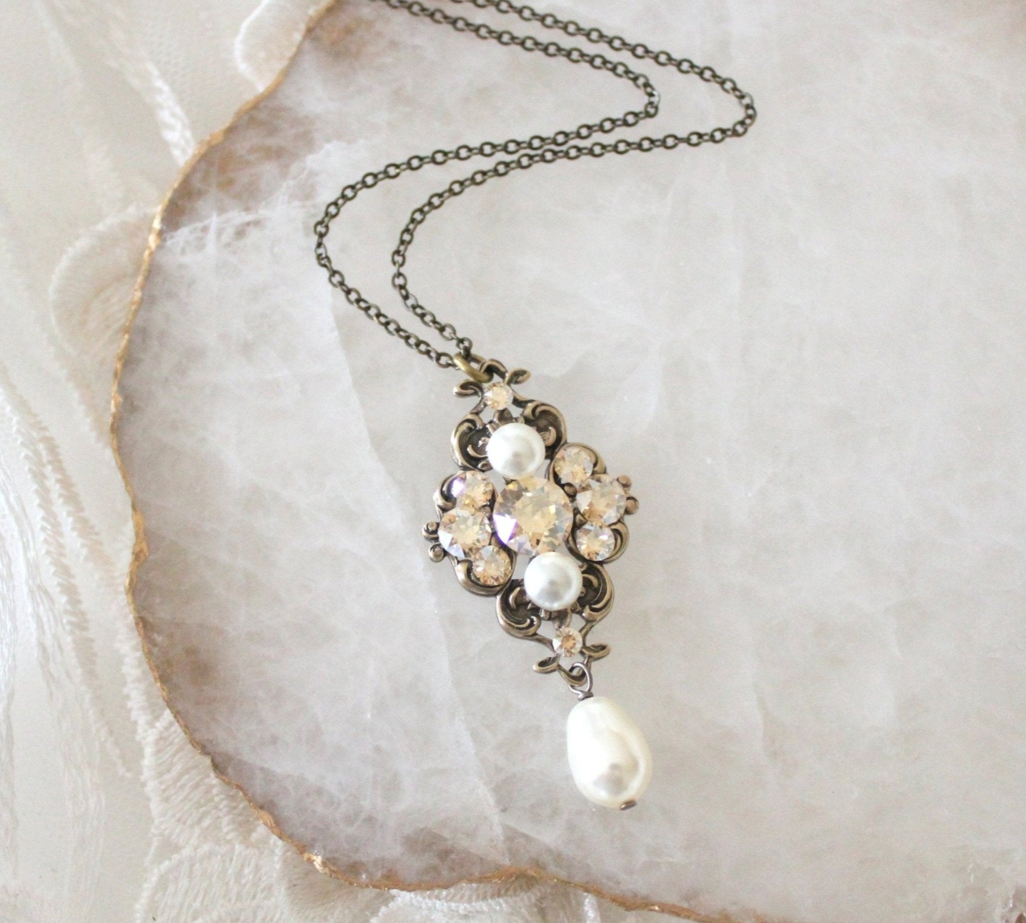 Antique gold crystal pendant necklace for Bride or Bridesmaid - ASHLYN - Treasures by Agnes