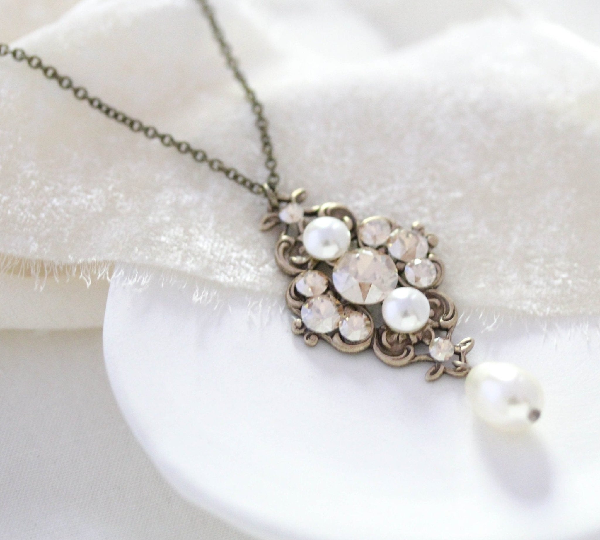 Antique gold crystal pendant necklace for Bride or Bridesmaid - ASHLYN - Treasures by Agnes