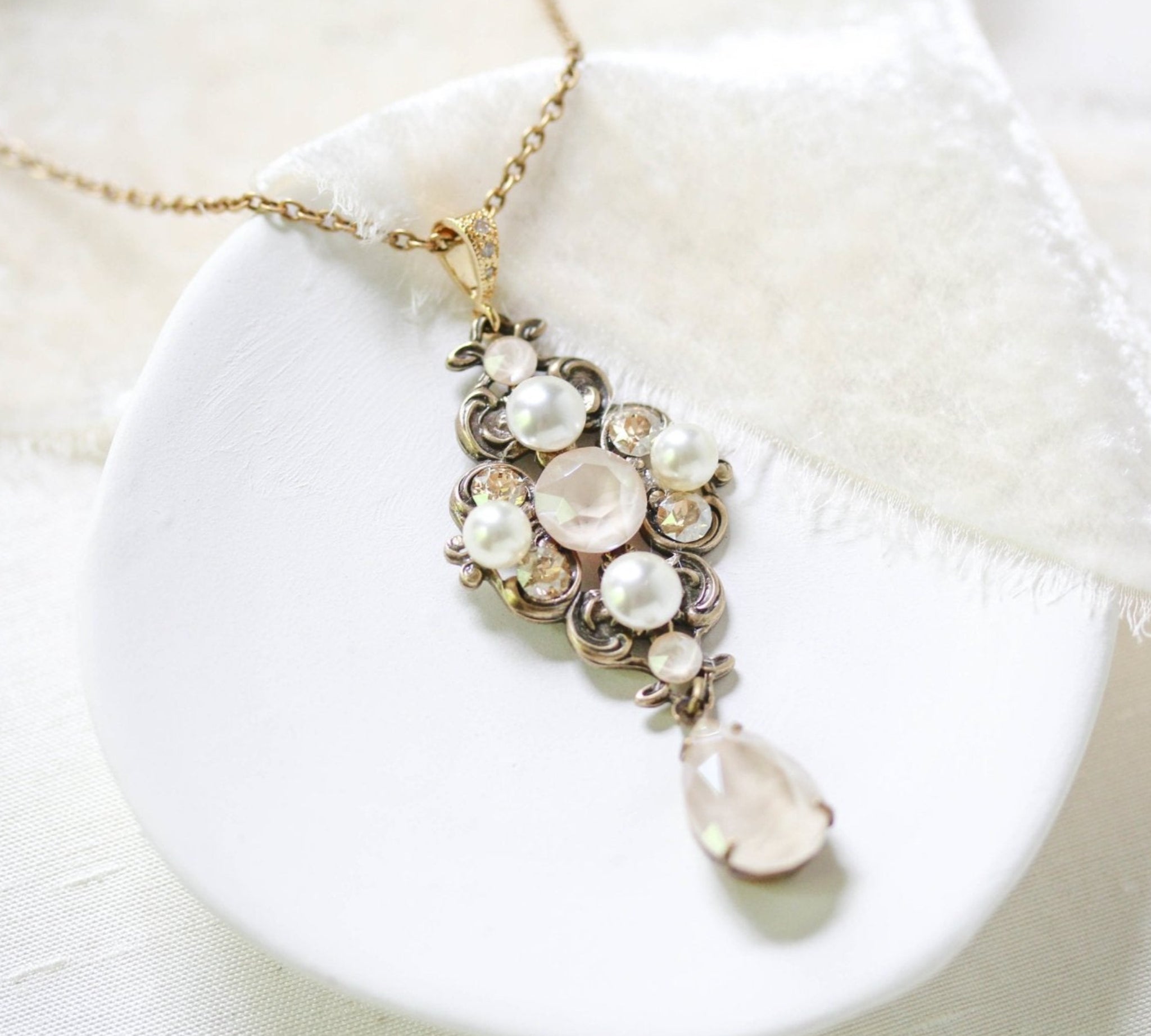 Antique gold Ivory cream Crystal Bridal necklace - ASHLYN - Treasures by Agnes