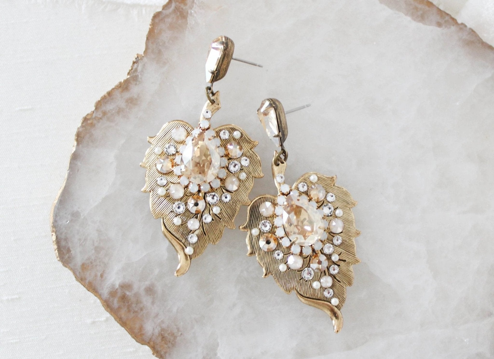 Antique Gold Floral Bridal earrings with Austrian crystals - AMBER