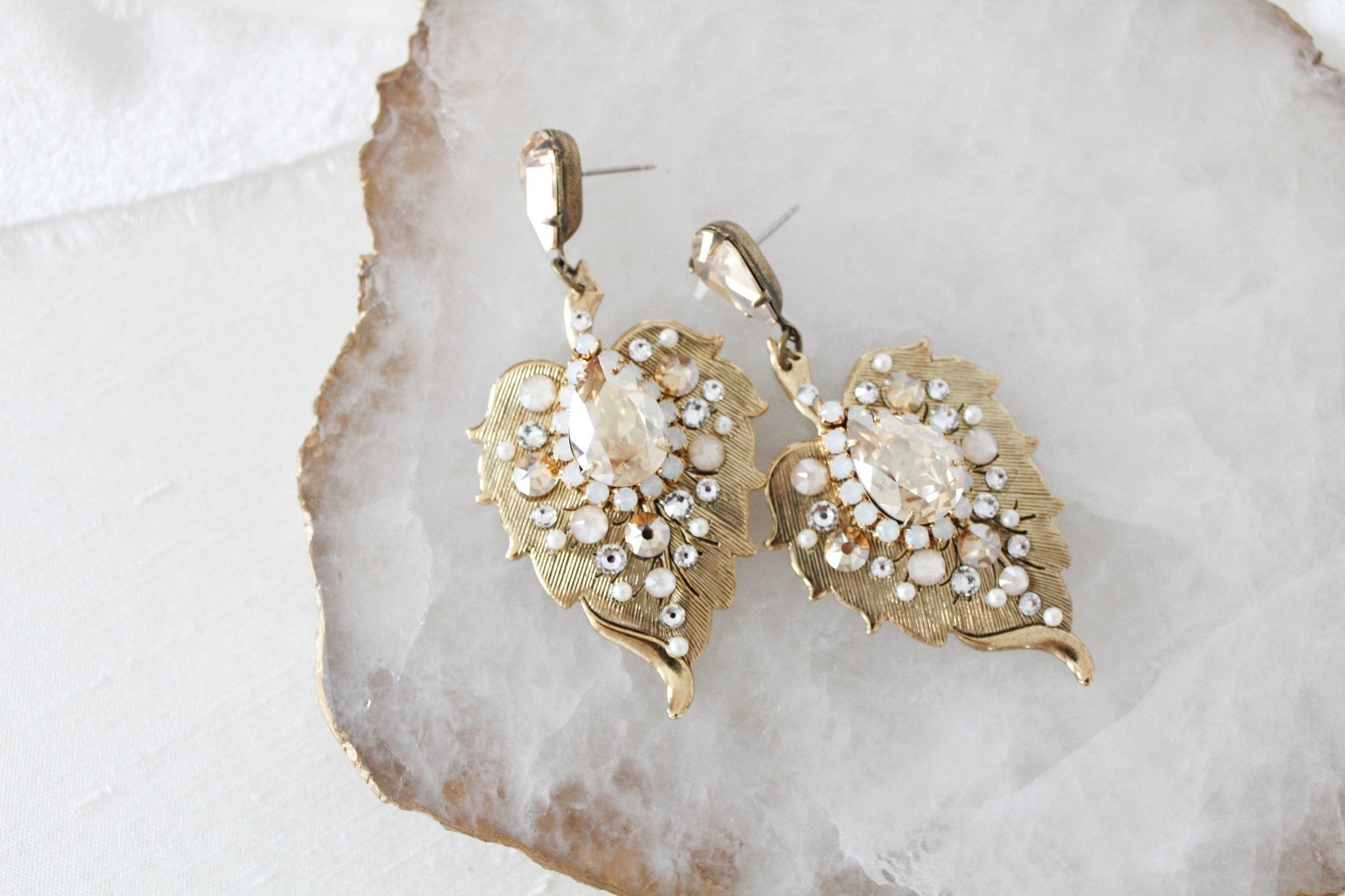 Antique Gold Floral Bridal earrings with Austrian crystals - AMBER