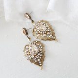Antique Gold Leaf Style Bridal earrings with Golden Premium European crystals - AMBER - Treasures by Agnes