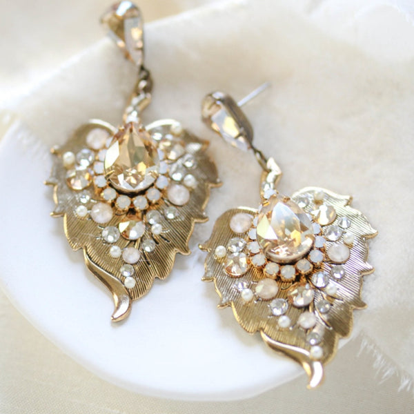 Antique Gold Floral Bridal earrings with Austrian crystals - AMBER