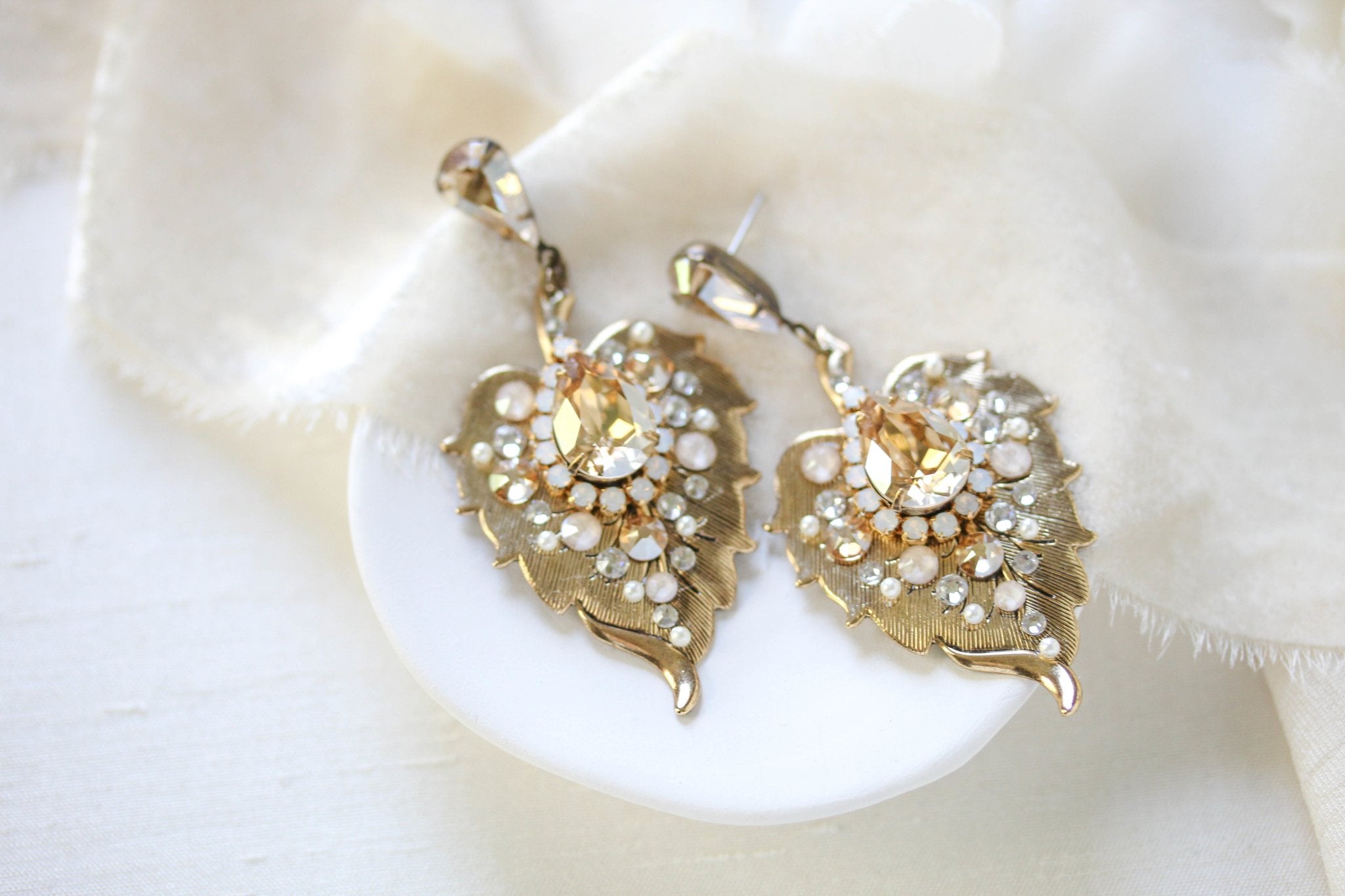 Antique Gold Floral Bridal earrings with Austrian crystals - AMBER