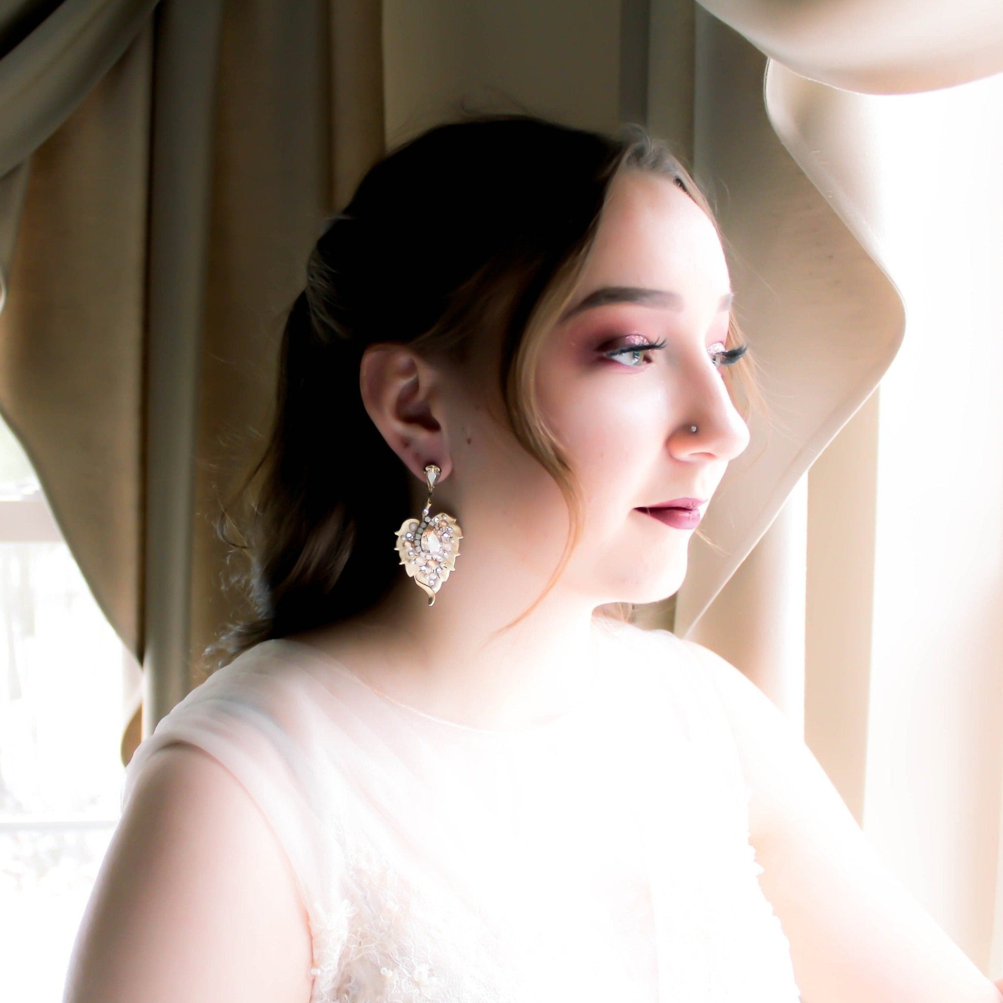 Antique Gold Floral Bridal earrings with Austrian crystals - AMBER