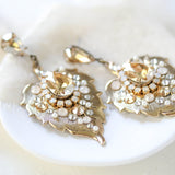 Antique Gold Floral Bridal earrings with Austrian crystals - AMBER
