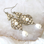 Antique gold pearl drop and crystal golden shadow bridal earrings - Treasures by Agnes