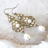 Antique gold pearl drop and crystal golden shadow bridal earrings - Treasures by Agnes