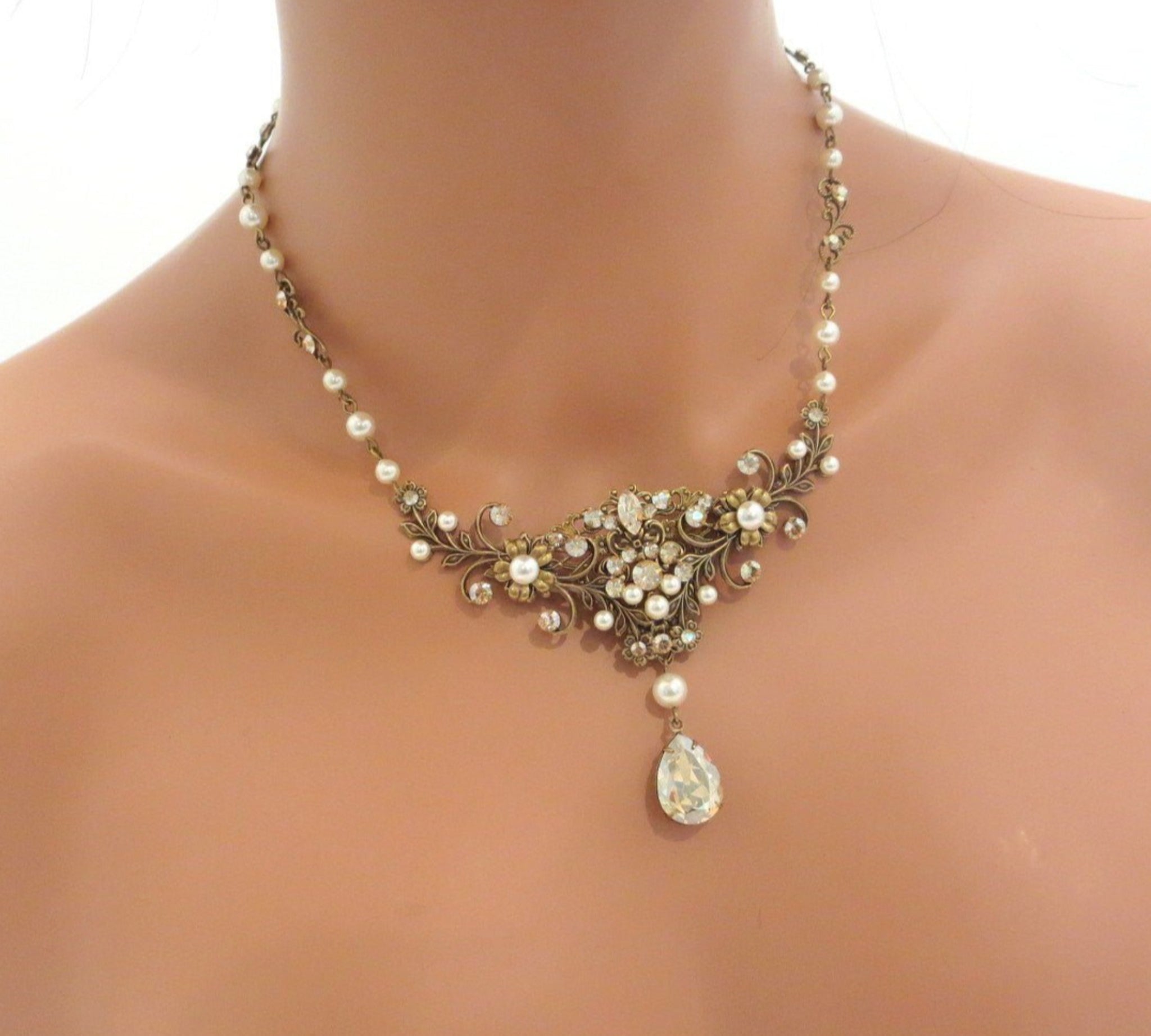 Antique gold Wedding necklace with Crystals and pearls - ASHLYN - Treasures by Agnes