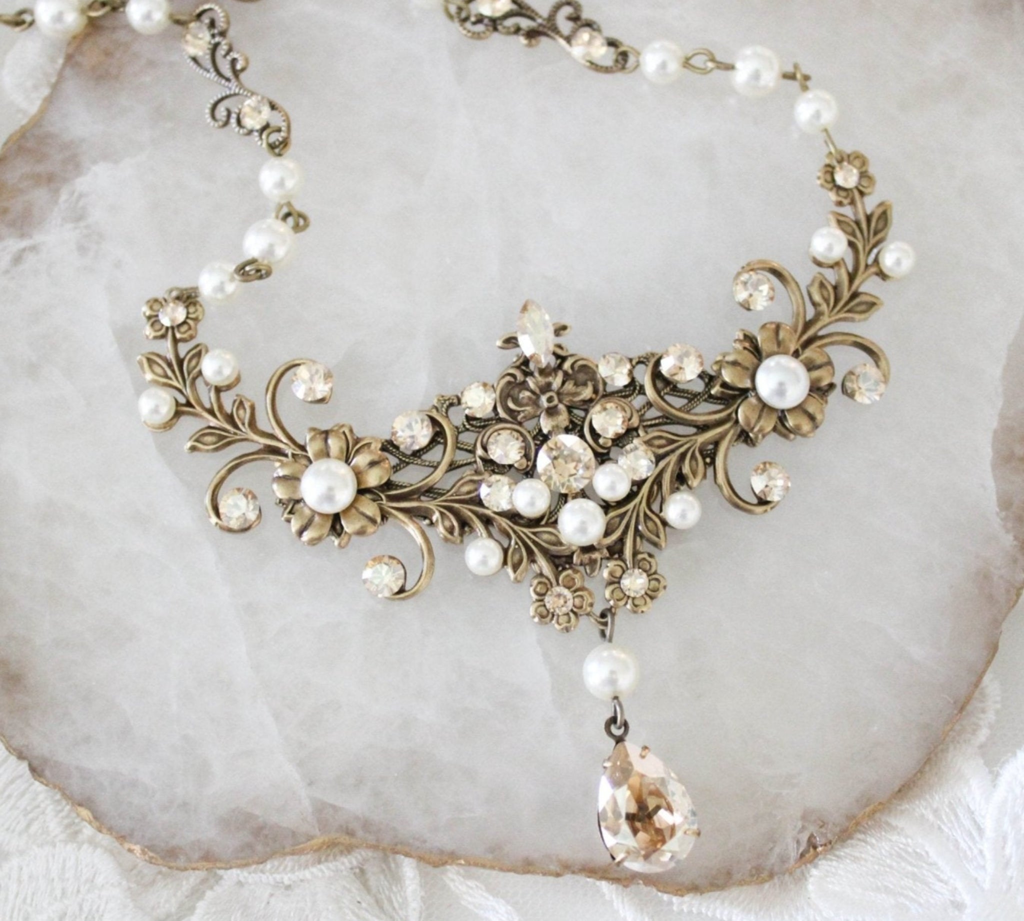 Antique gold Wedding necklace with Crystals and pearls - ASHLYN - Treasures by Agnes