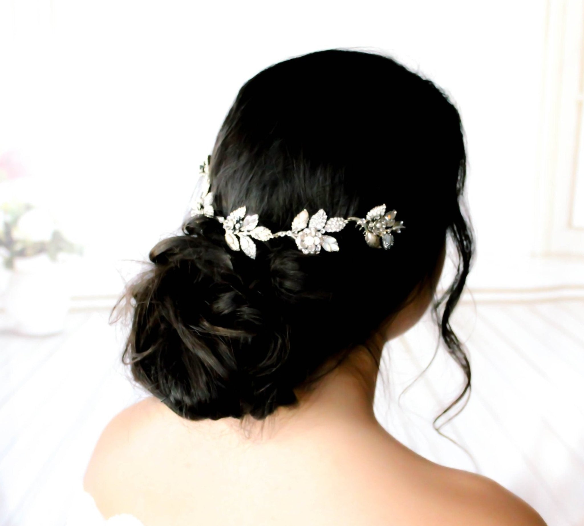 Antique silver Bridal hair vine with crystal leaves - ELENA - Treasures by Agnes