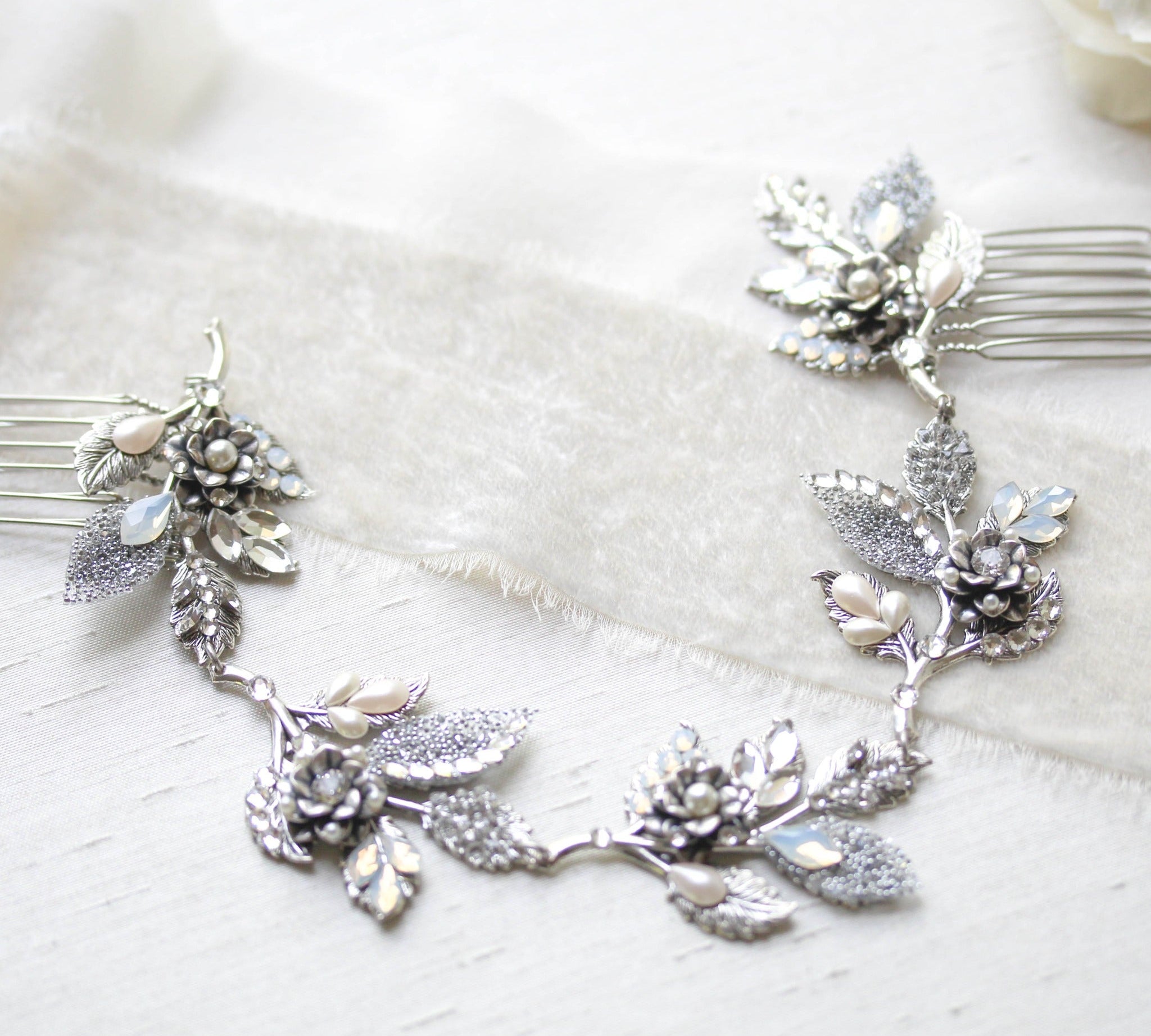 Antique silver Bridal hair vine with crystal leaves - ELENA - Treasures by Agnes