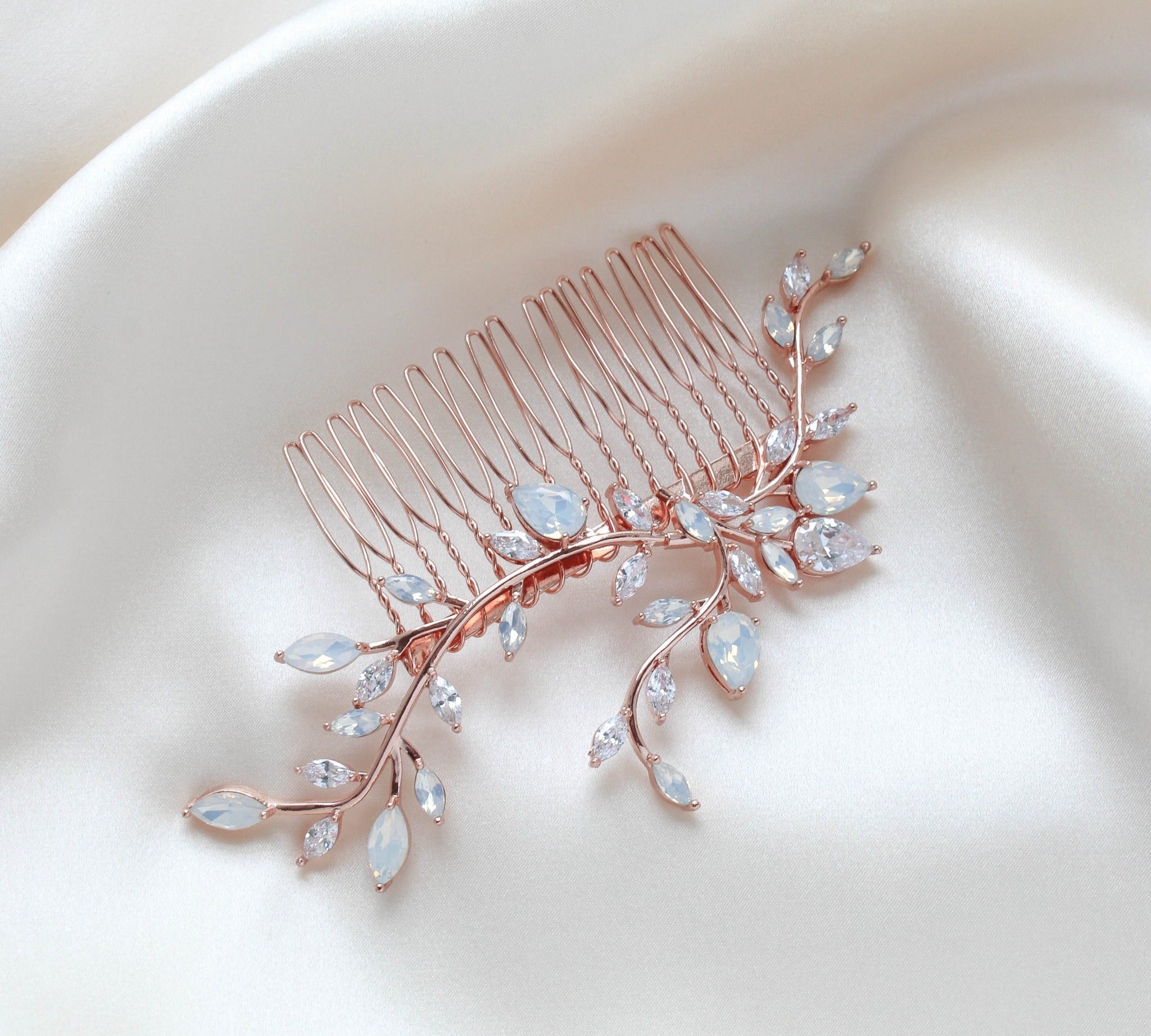 Bridal hair comb with vine design and white opal crystal accents - APRILLE - Treasures by Agnes