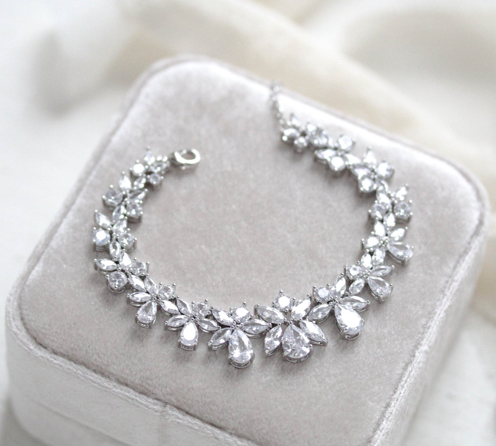 Cubic zirconia bridal bracelet clustered leaf design - AUBREE - Treasures by Agnes