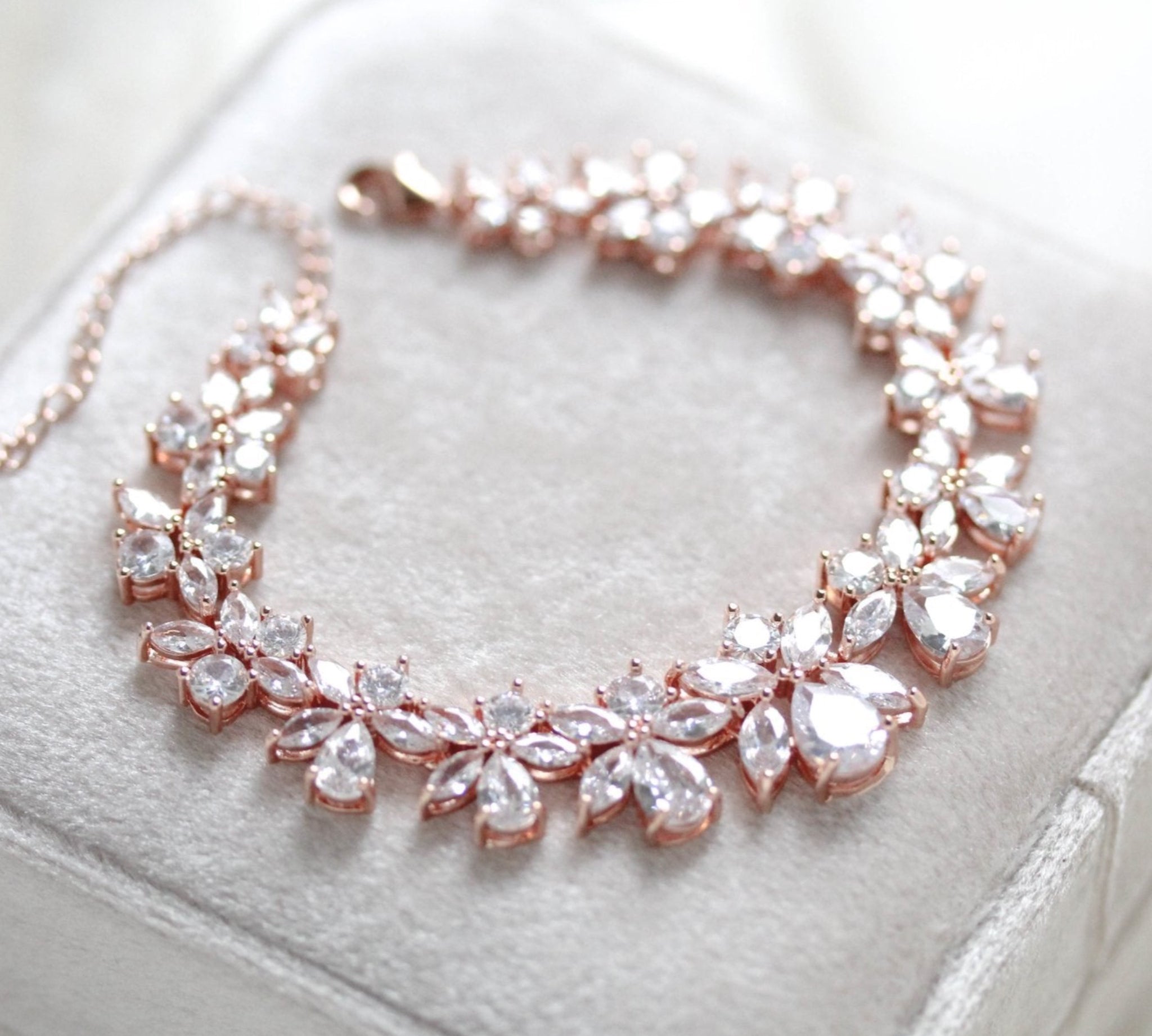 Cubic zirconia bridal bracelet clustered leaf design - AUBREE - Treasures by Agnes