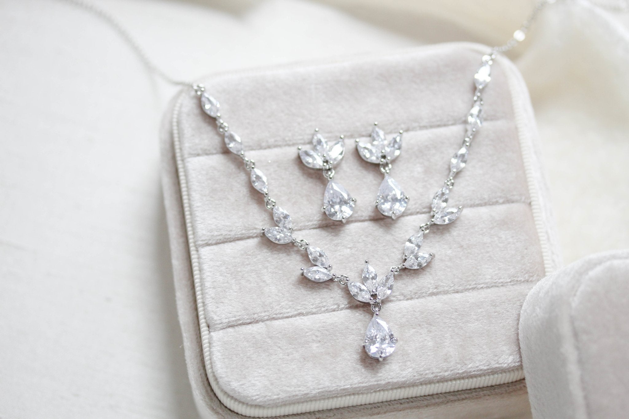 Dainty rose gold CZ bridal necklace and earring set - MARISOL