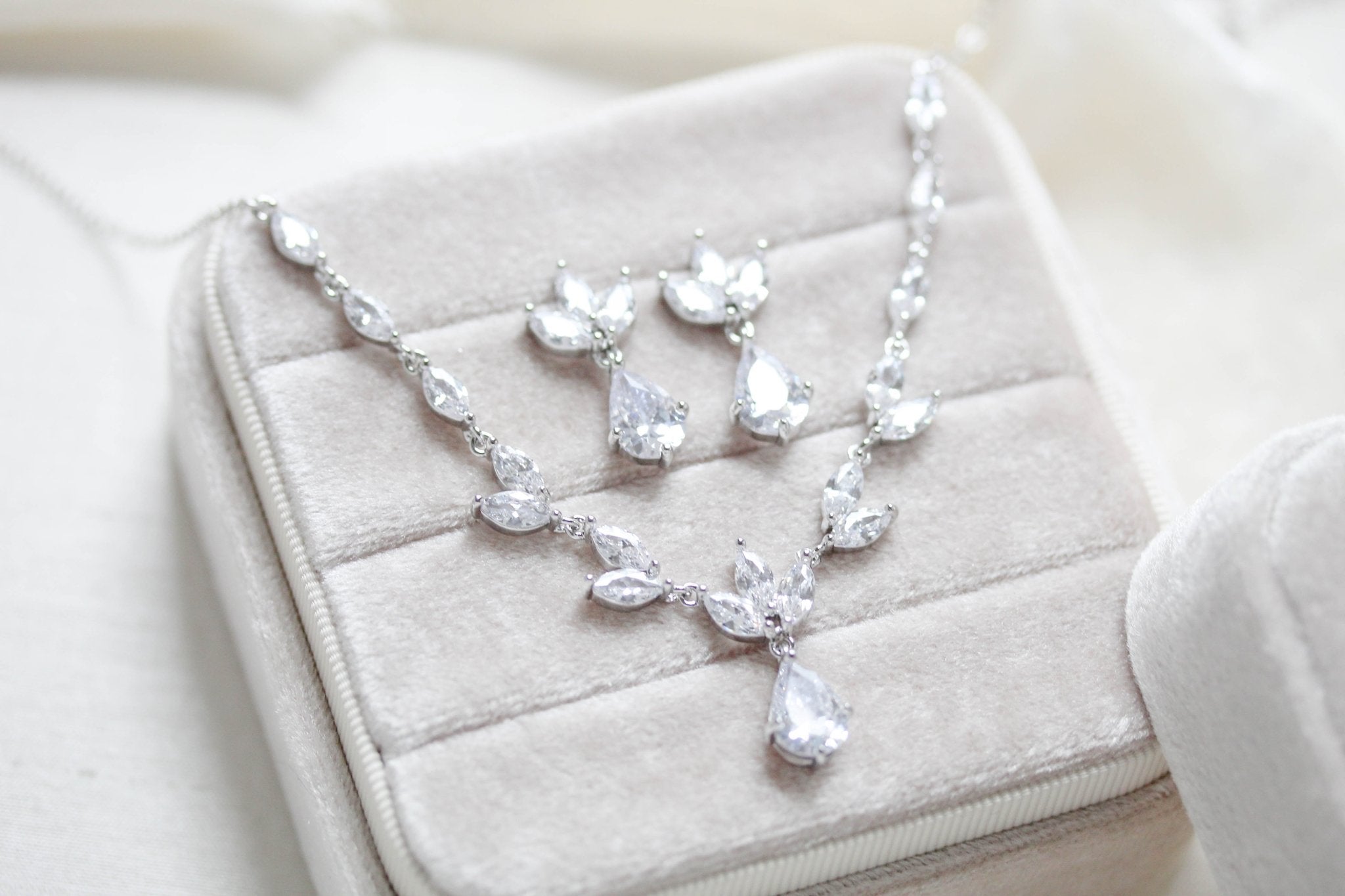 Dainty rose gold CZ bridal necklace and earring set - MARISOL