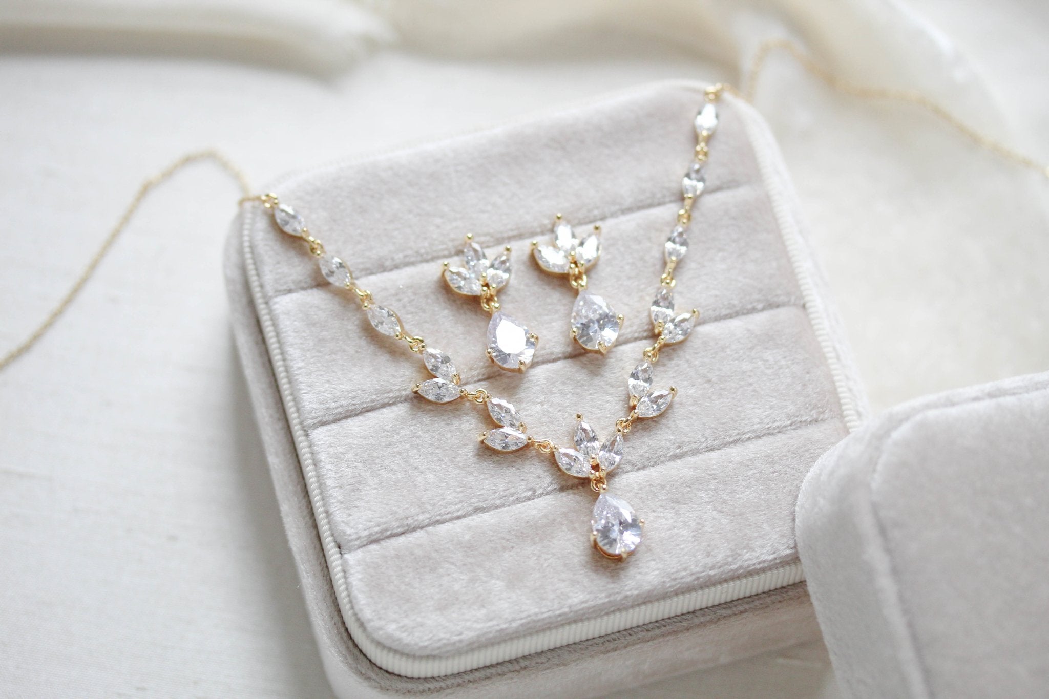 Dainty rose gold CZ bridal necklace and earring set - MARISOL