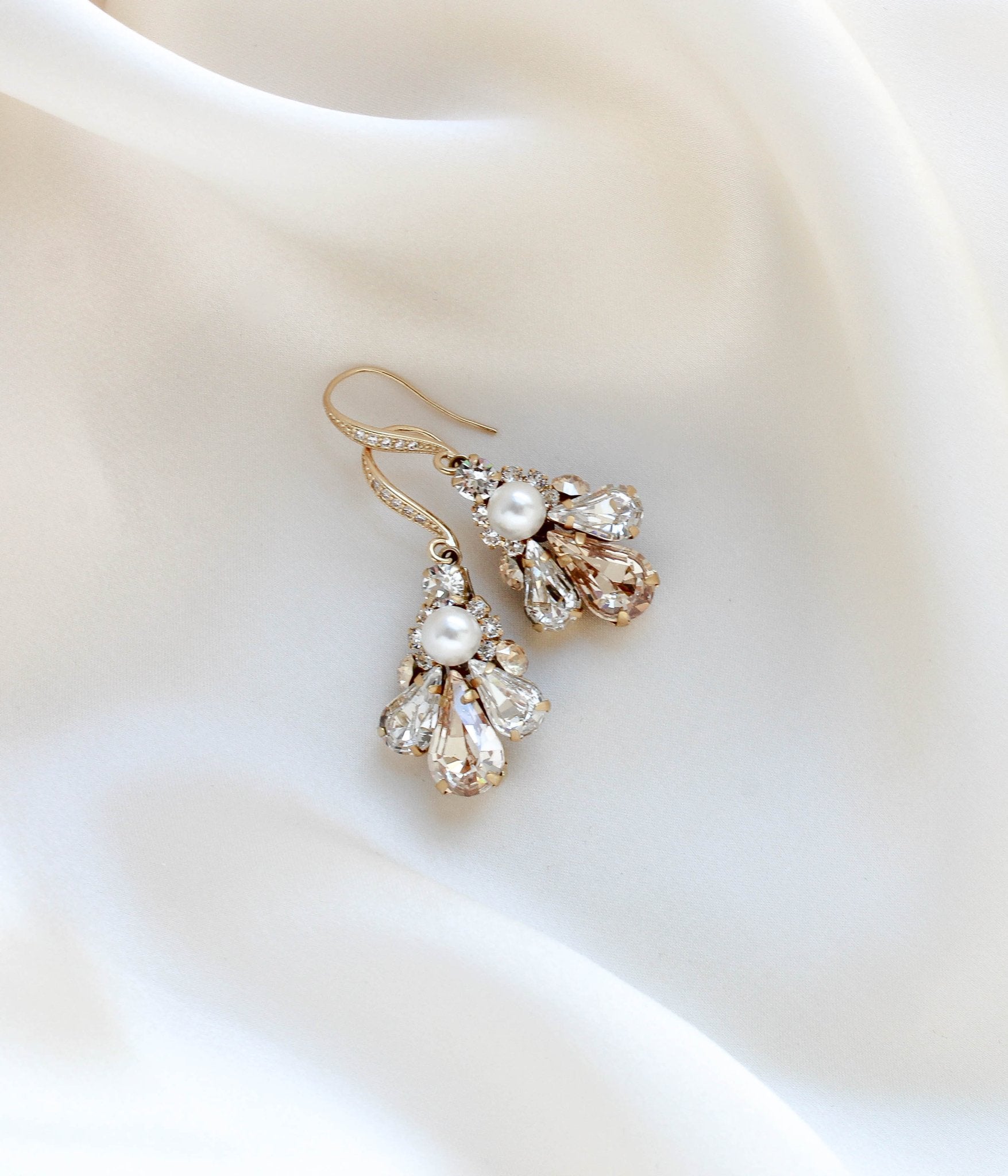 Delicate Antique gold Austrian crystal drop Bridal earrings - SYLVIA - Treasures by Agnes