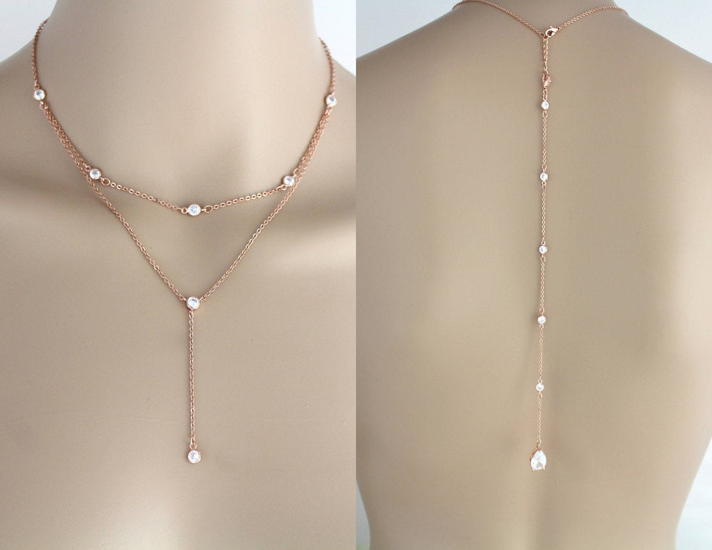 Delicate Rose gold Bridal back necklace - KAYLA - Treasures by Agnes