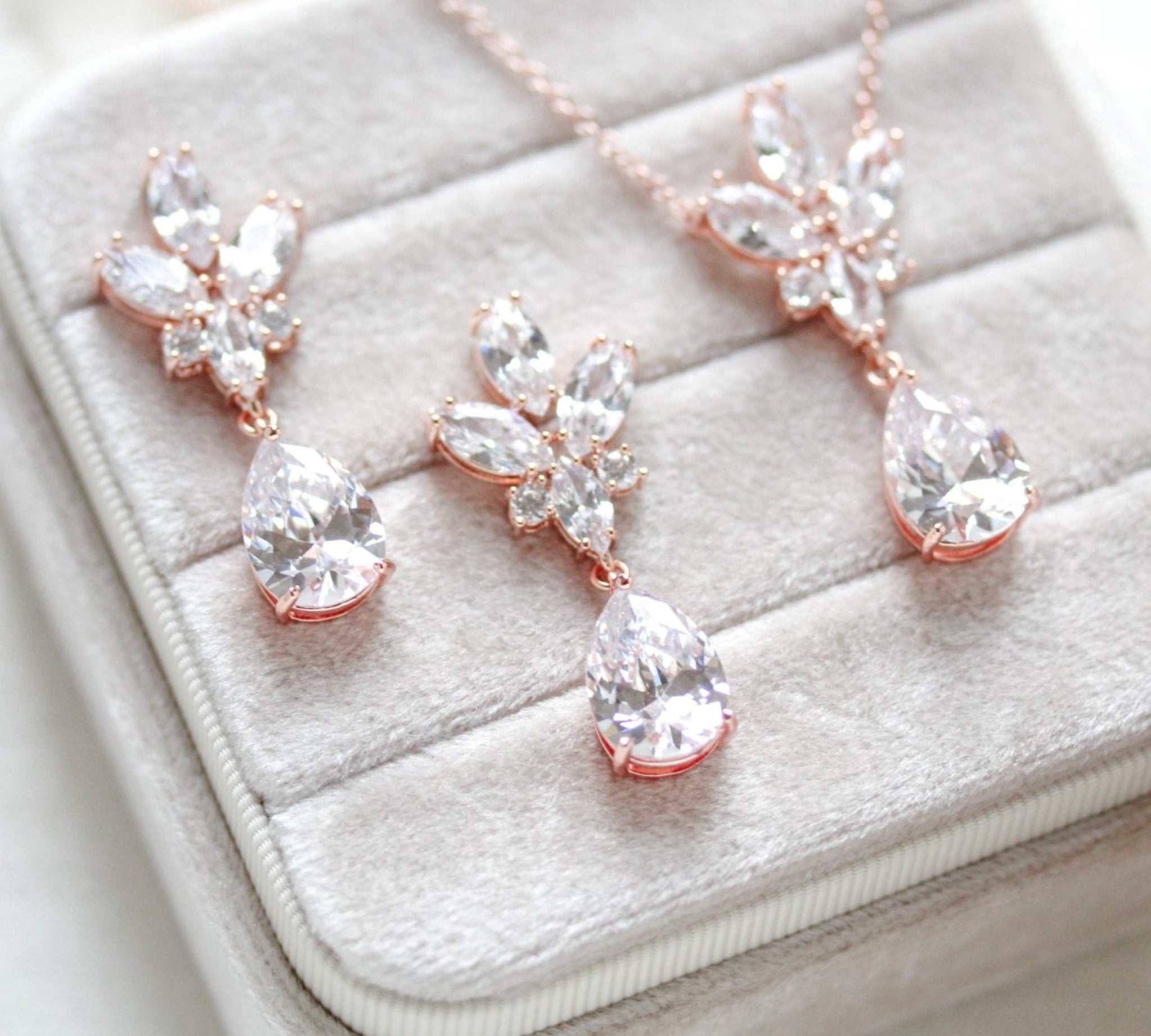 Delicate rose gold crystal drop wedding necklace set - DIVINE - Treasures by Agnes