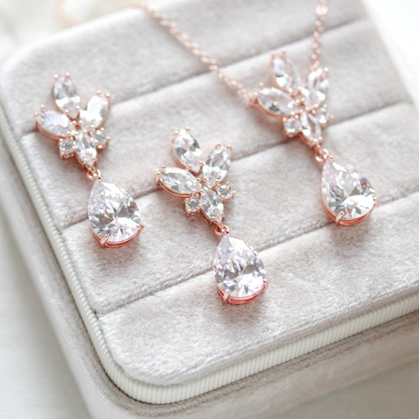 Delicate rose gold crystal drop wedding necklace set - DIVINE - Treasures by Agnes