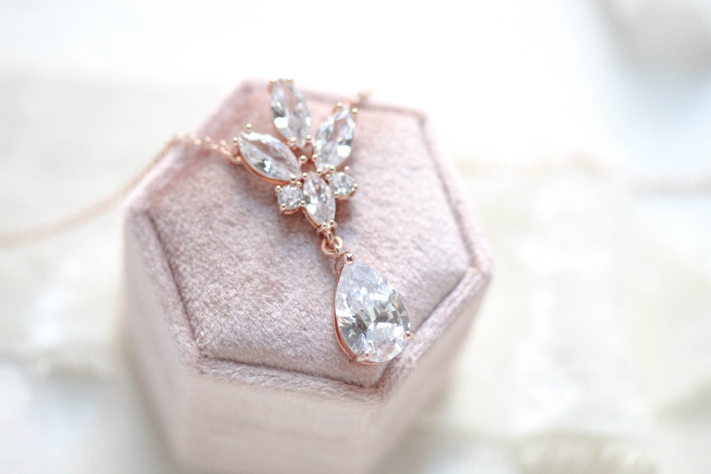 Delicate rose gold crystal drop wedding necklace set - DIVINE