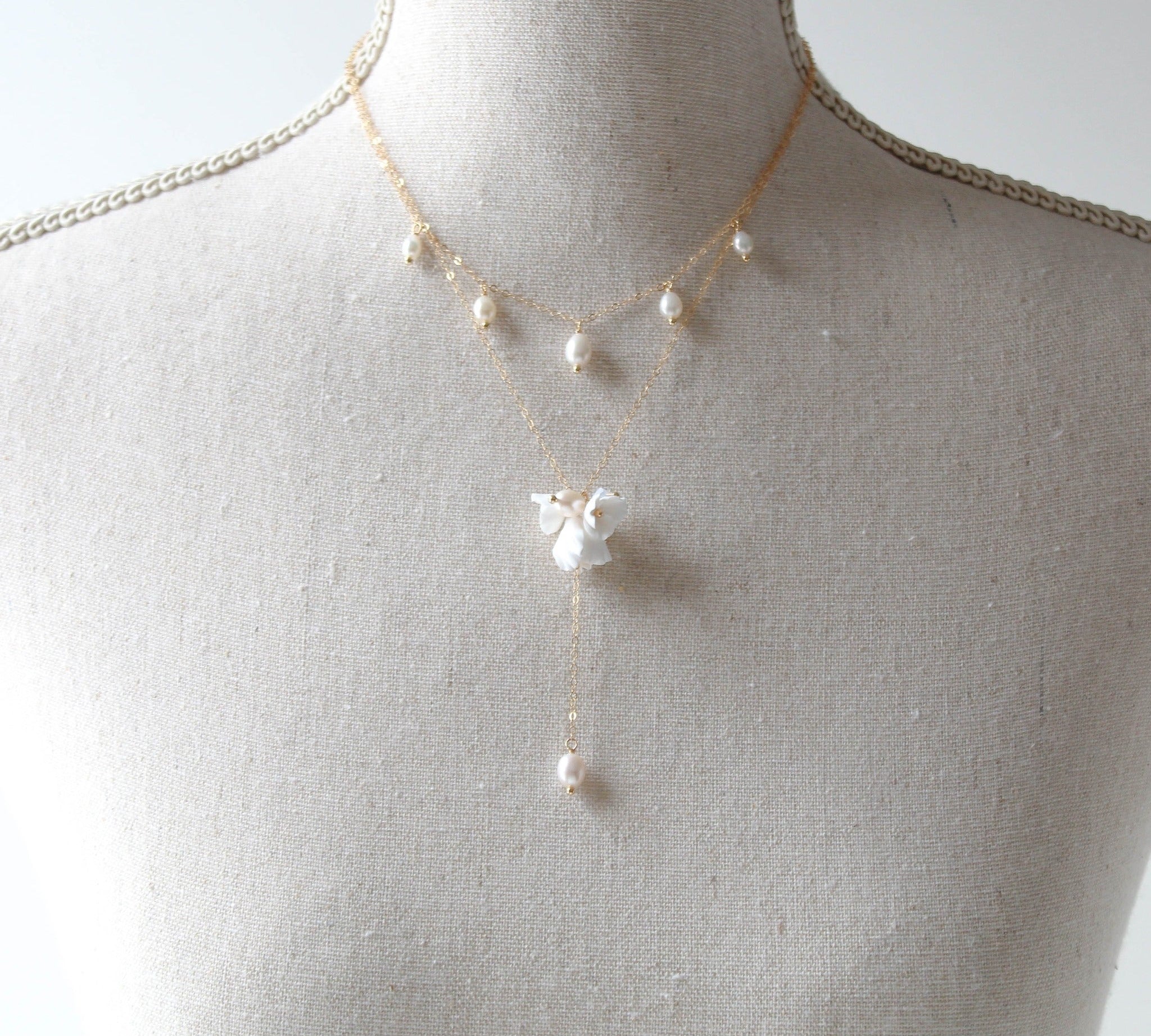 Gold filled pearl lariat bridal necklace - MEADOW - Treasures by Agnes