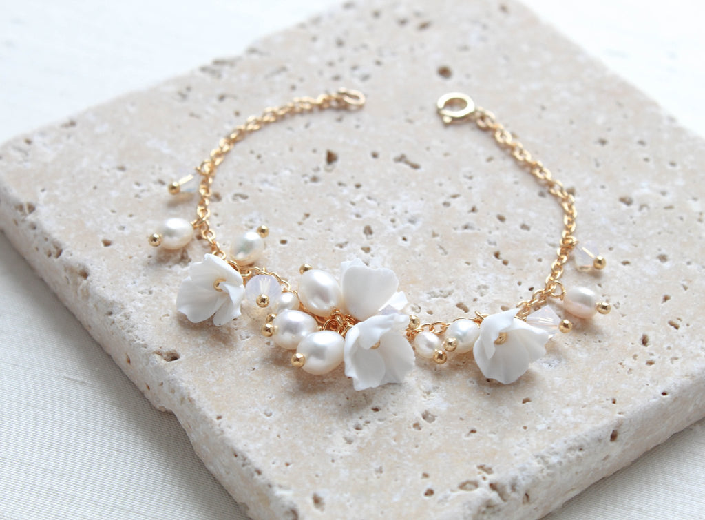 Gold floral bridal bracelet with freshwater pearls - MEADOW - Treasures by Agnes