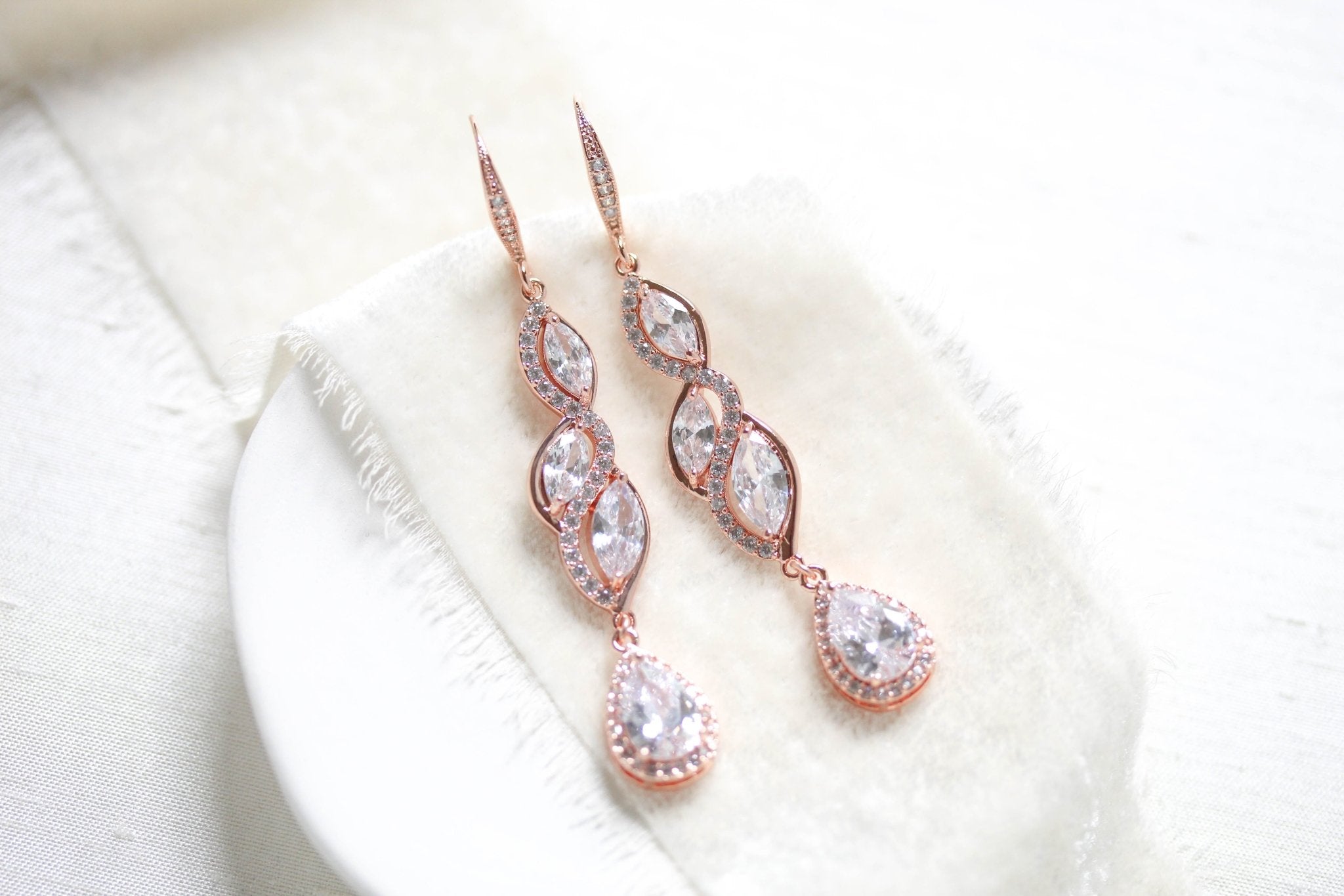 Long Rose gold teardrop earrings for bride - HADLEY