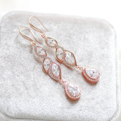 Long Rose gold teardrop earrings for bride - HADLEY