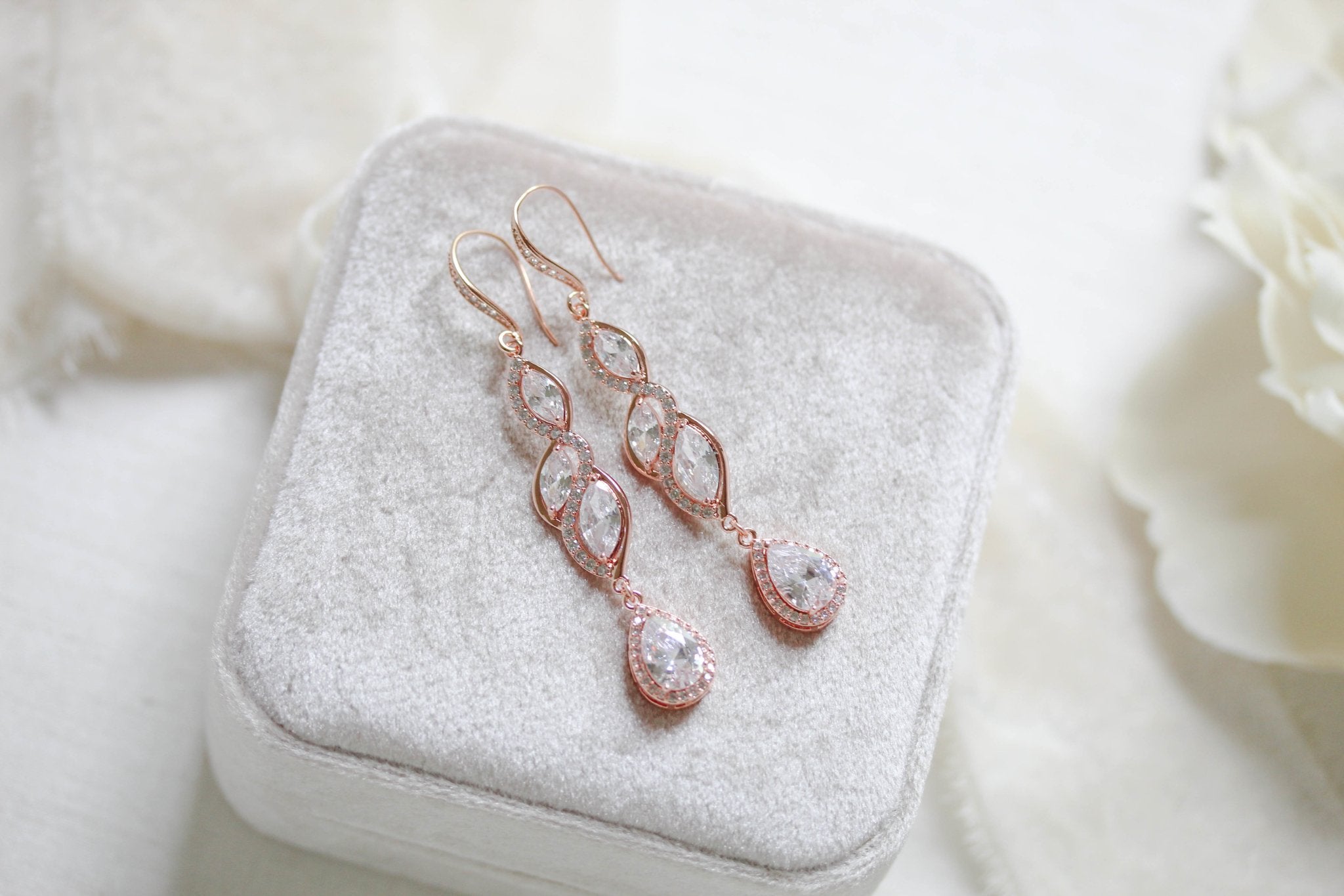Long Rose gold teardrop earrings for bride - HADLEY