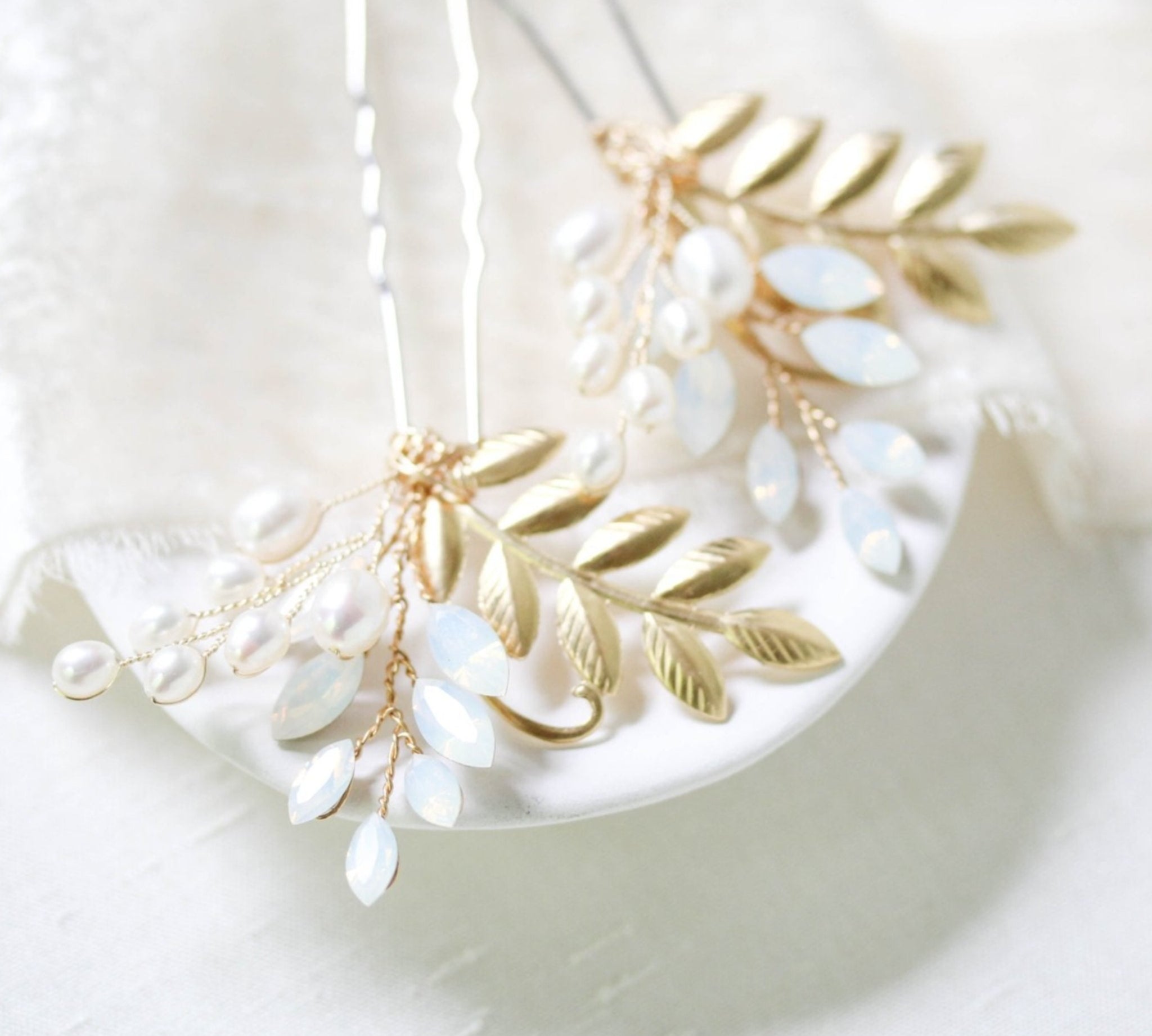 Brass leaf and Swarovski white opal hair pin - IVY  - Treasures by Agnes