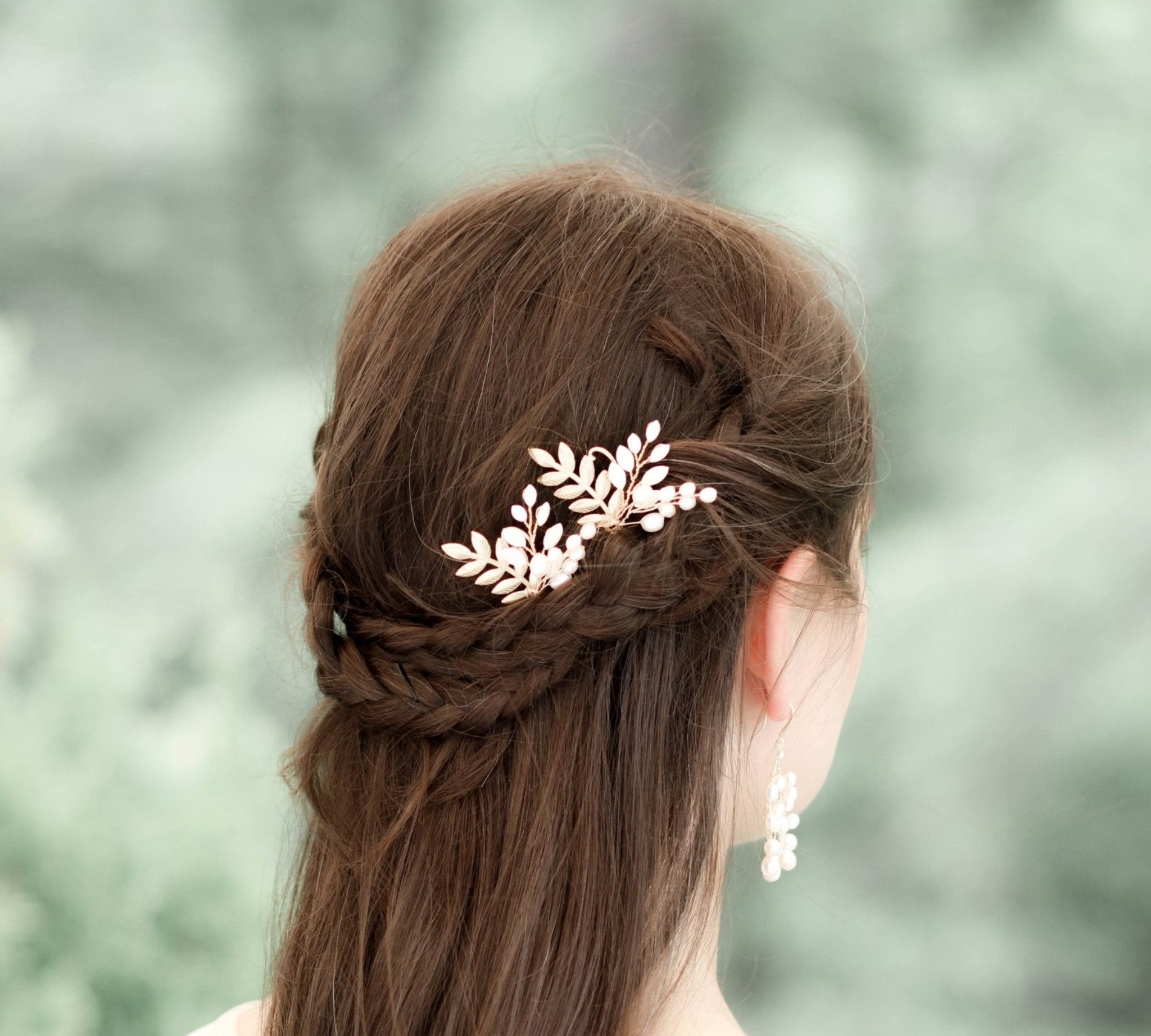 Brass leaf and Swarovski white opal hair pin - IVY - Treasures by Agnes
