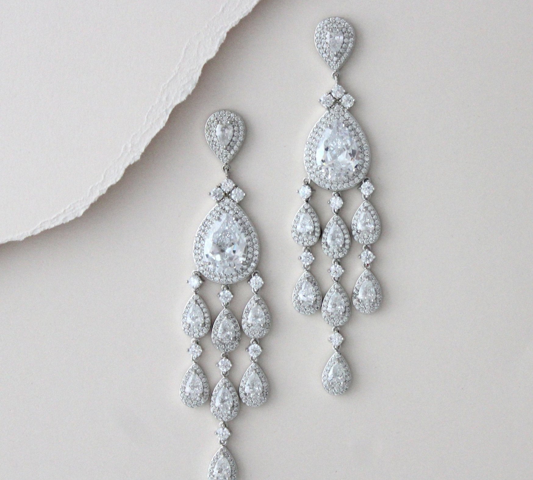 Long chandelier style statement earrings with crystal drops - Farah - Treasures by Agnes