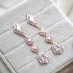 Long Rose gold Bridal earrings with Empress cut gemstones - MONROE
