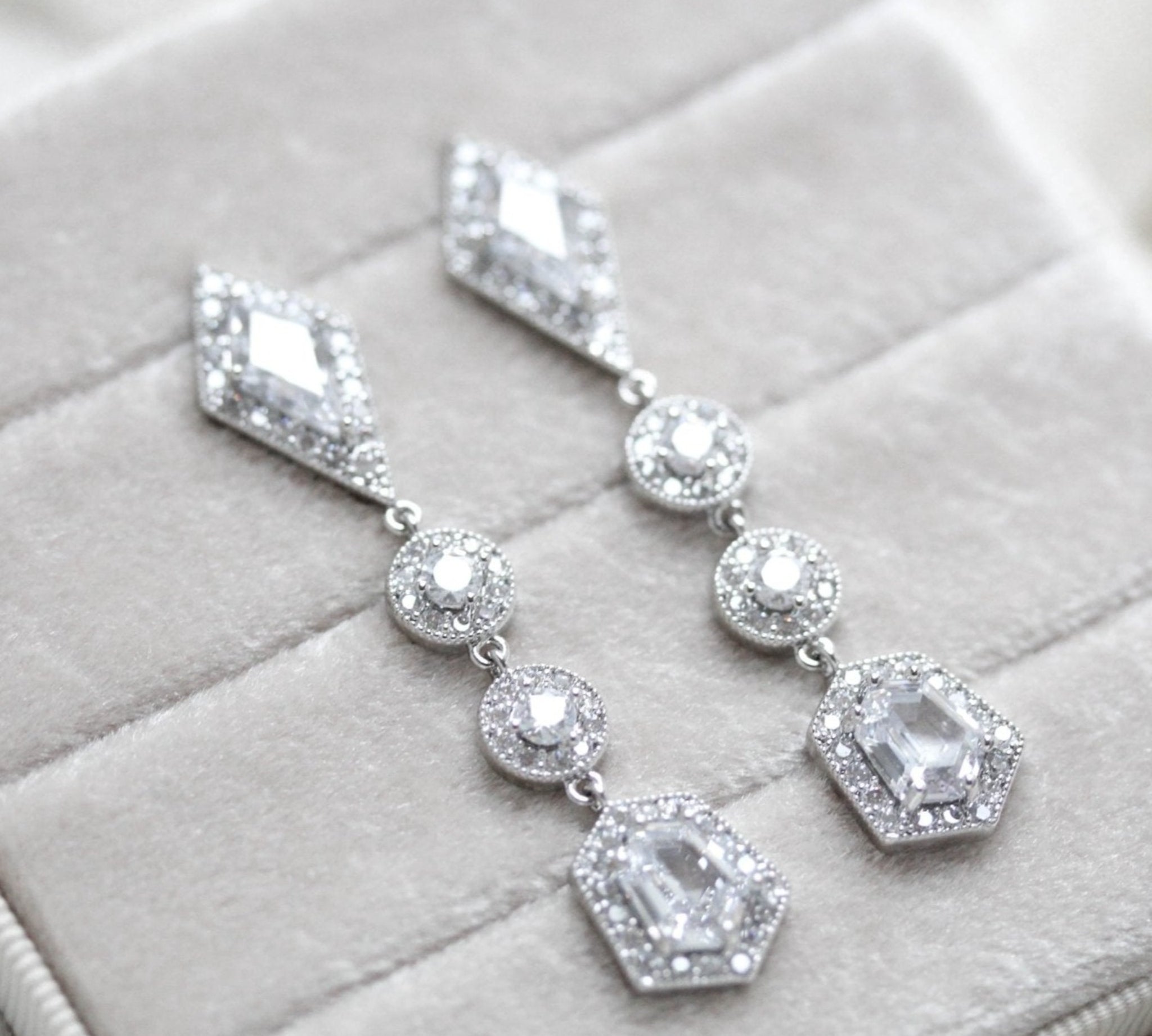 Long Rose gold Bridal earrings with Empress cut gemstones - MONROE