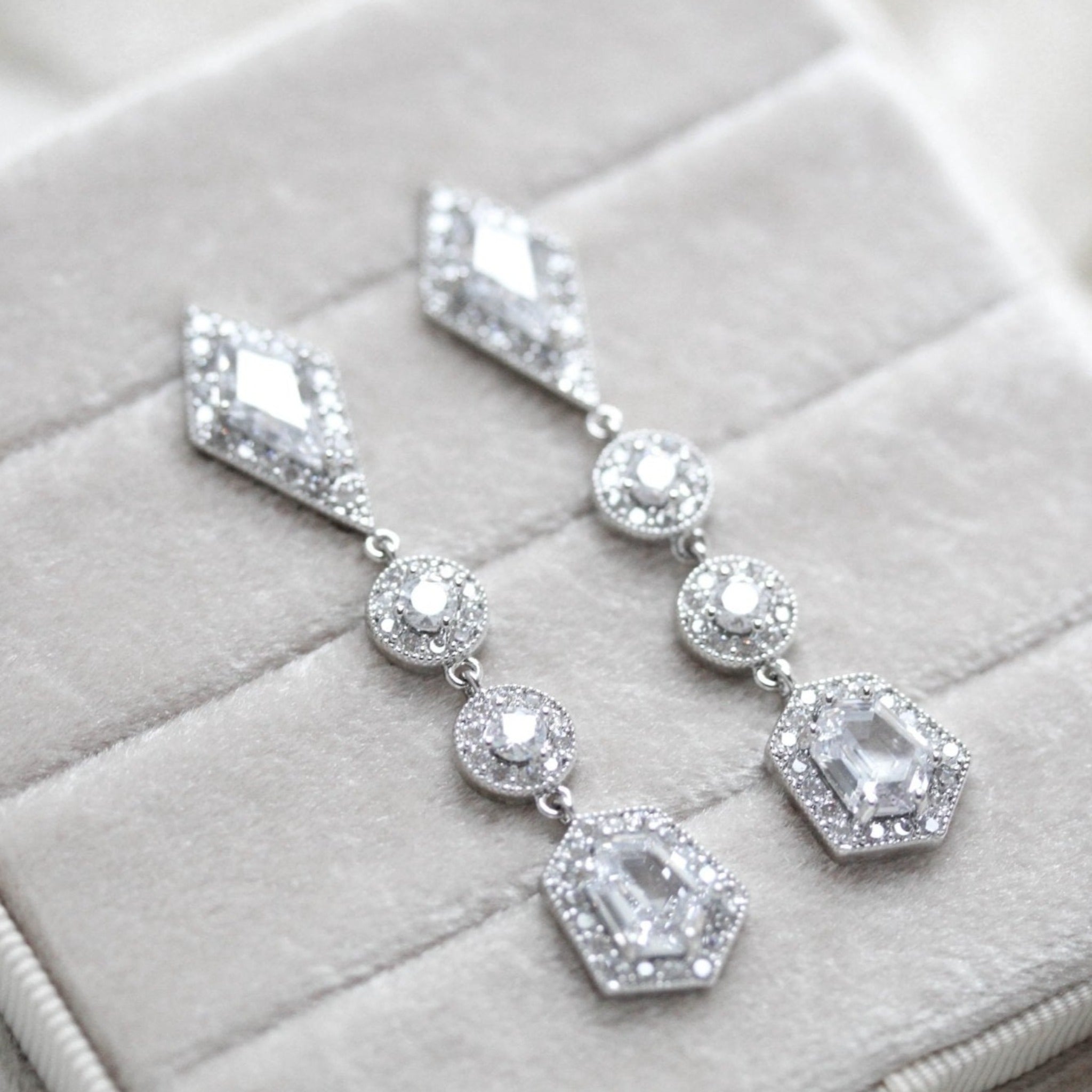 Long Rose gold Bridal earrings with Empress cut gemstones - MONROE