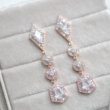 Long Rose gold Bridal earrings with Empress cut gemstones - MONROE