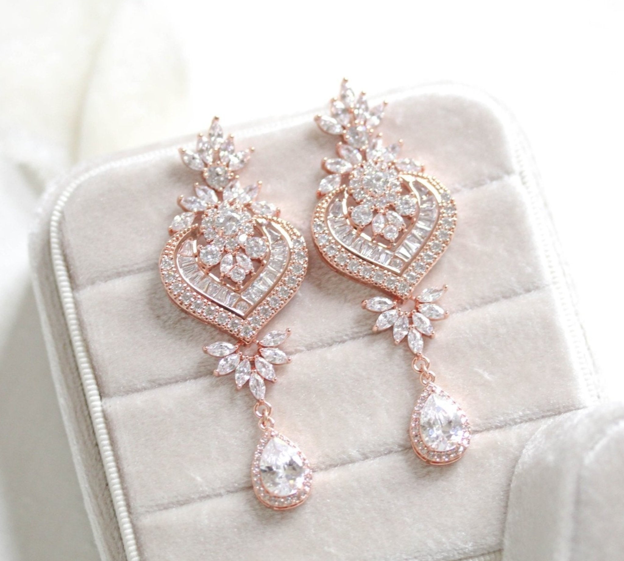 Long rose gold Crystal and pearl chandelier wedding earrings - EMMA - Treasures by Agnes