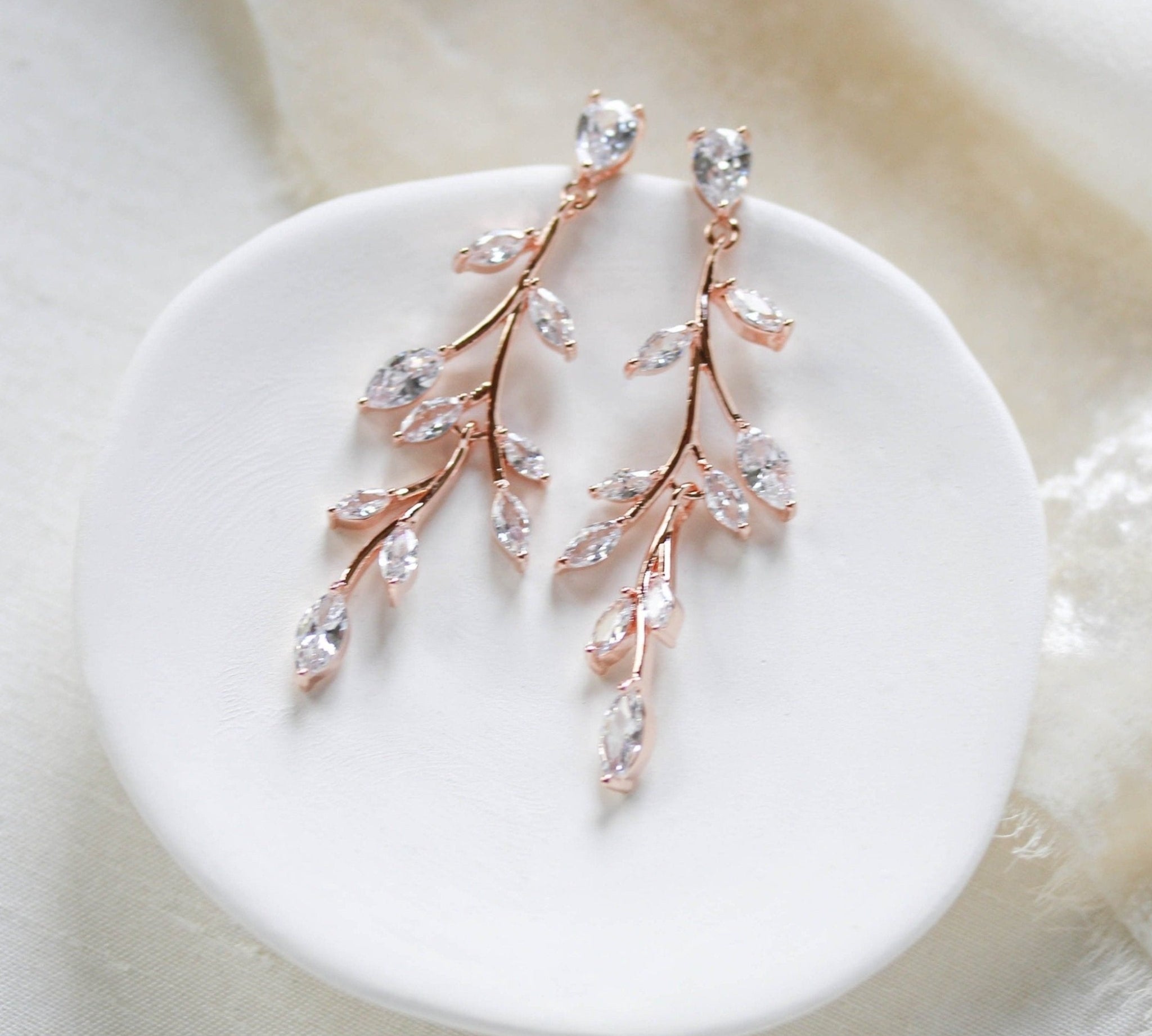 Long Rose gold Cubic Zirconia Bridal earrings - APRILLE - Treasures by Agnes
